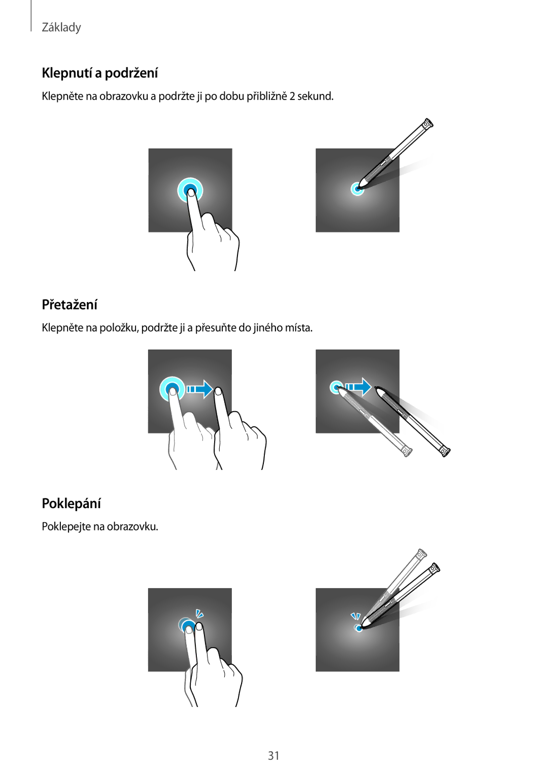 Samsung SM-T395NZKAXEZ manual Klepnutí a podržení, Přetažení, Poklepání 