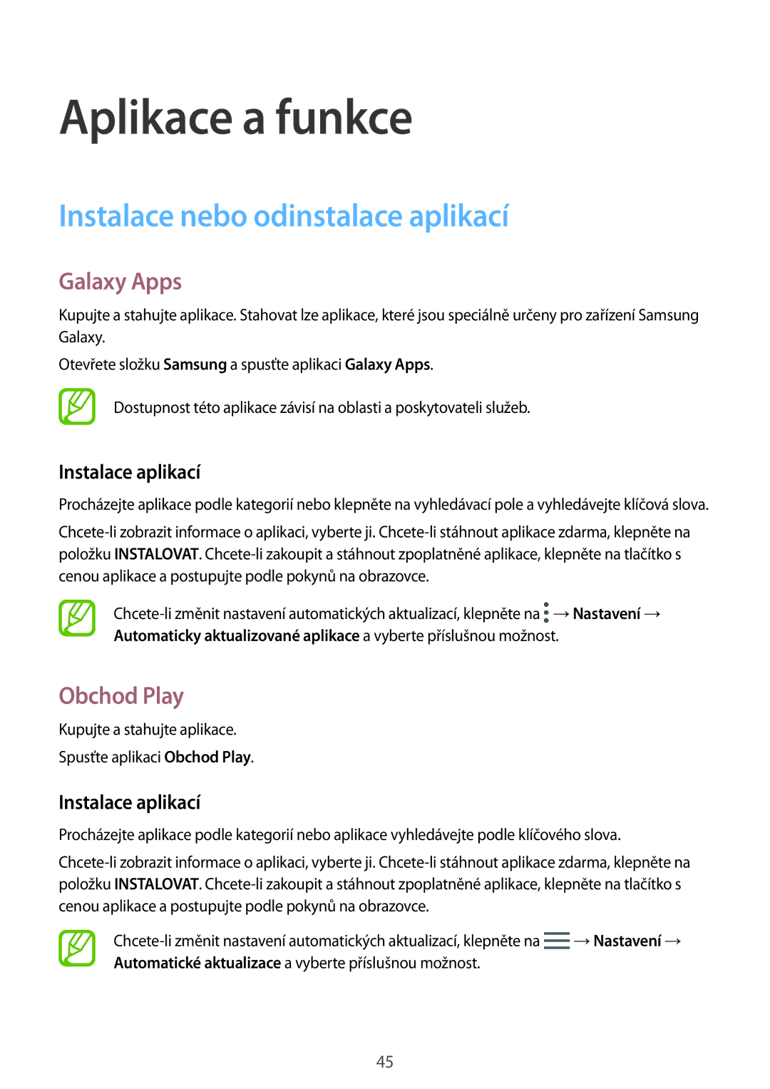 Samsung SM-T395NZKAXEZ manual Instalace nebo odinstalace aplikací, Galaxy Apps, Obchod Play, Instalace aplikací 