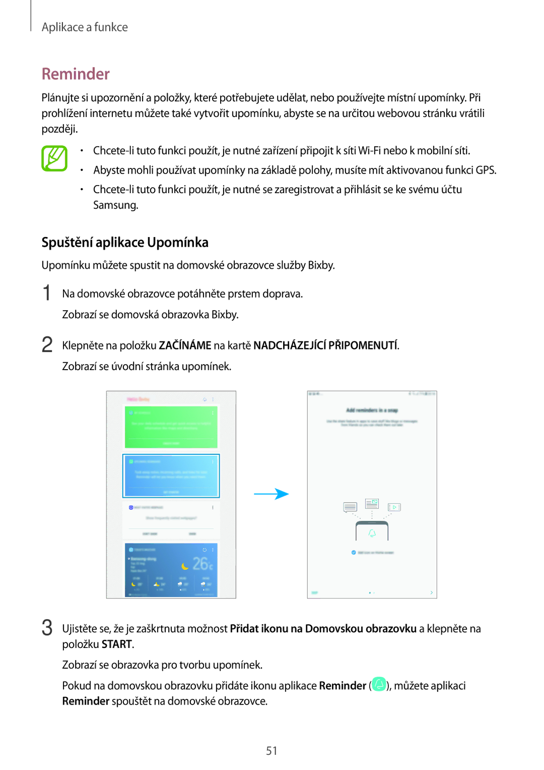 Samsung SM-T395NZKAXEZ manual Reminder, Spuštění aplikace Upomínka 