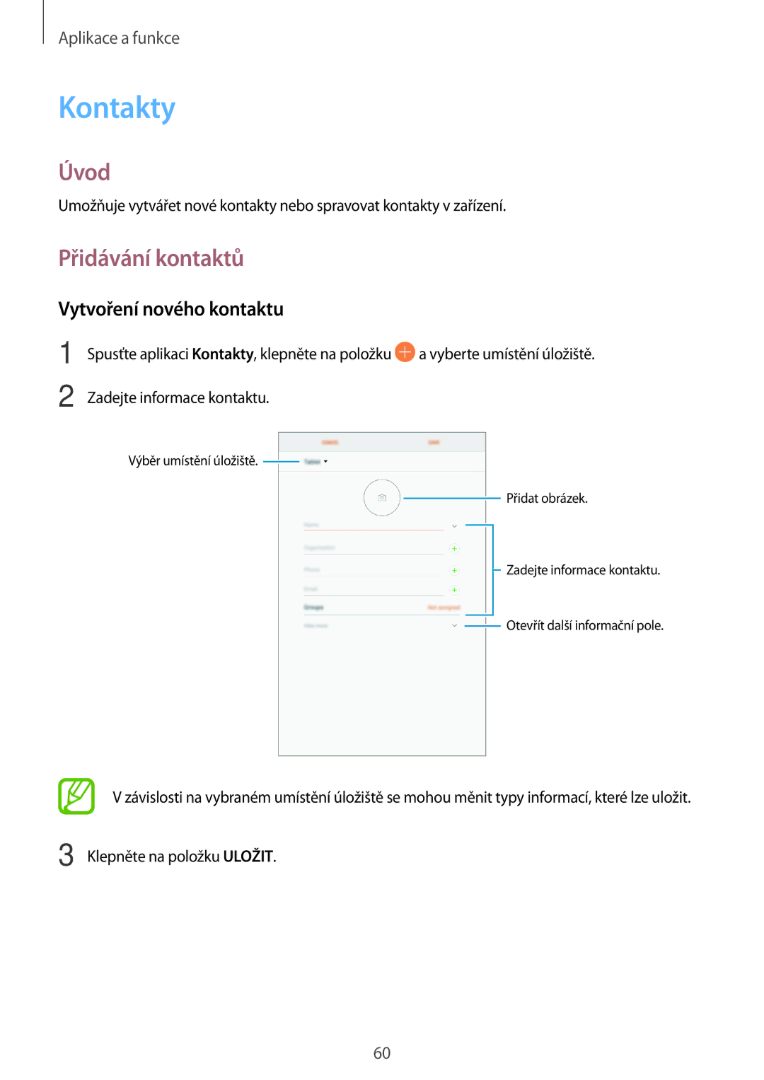 Samsung SM-T395NZKAXEZ manual Kontakty, Přidávání kontaktů, Vytvoření nového kontaktu 