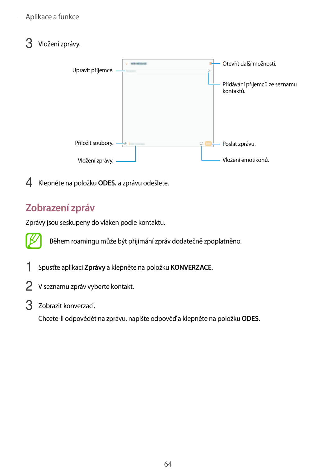 Samsung SM-T395NZKAXEZ manual Zobrazení zpráv, Vložení zprávy 