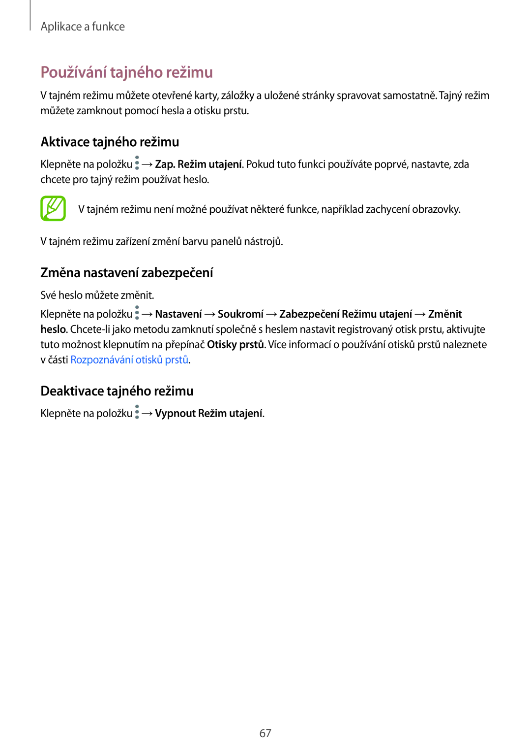Samsung SM-T395NZKAXEZ manual Používání tajného režimu, Aktivace tajného režimu, Změna nastavení zabezpečení 