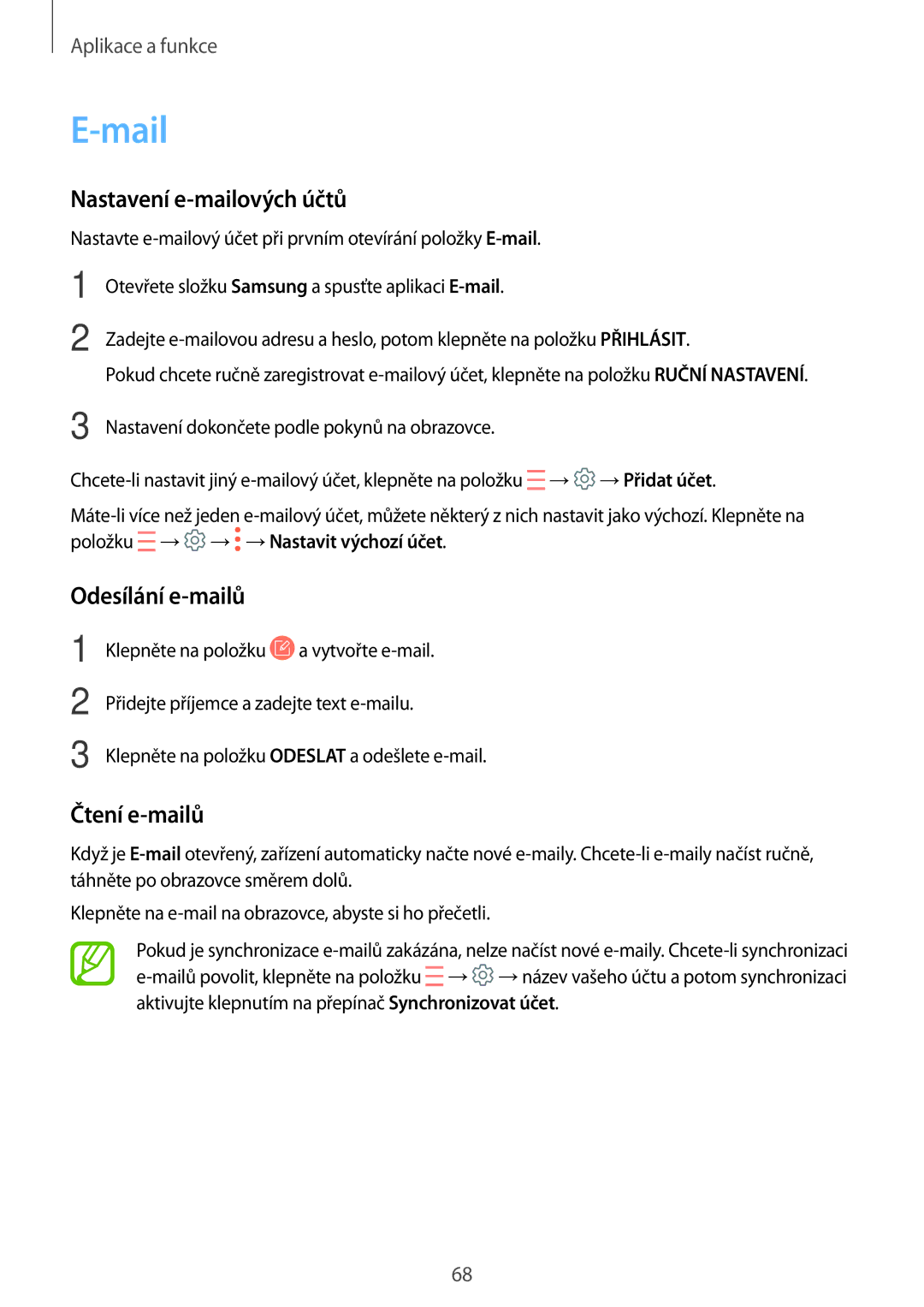 Samsung SM-T395NZKAXEZ manual Mail, Nastavení e-mailových účtů, Odesílání e-mailů, Čtení e-mailů 