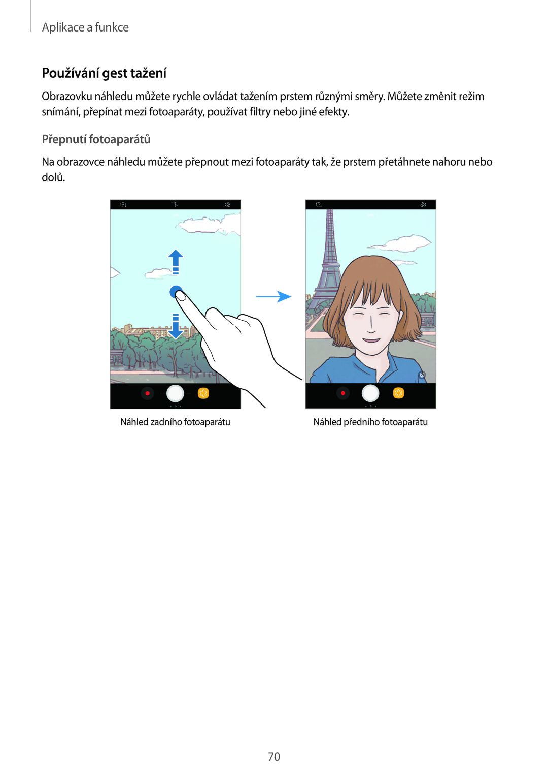 Samsung SM-T395NZKAXEZ manual Používání gest tažení, Přepnutí fotoaparátů 