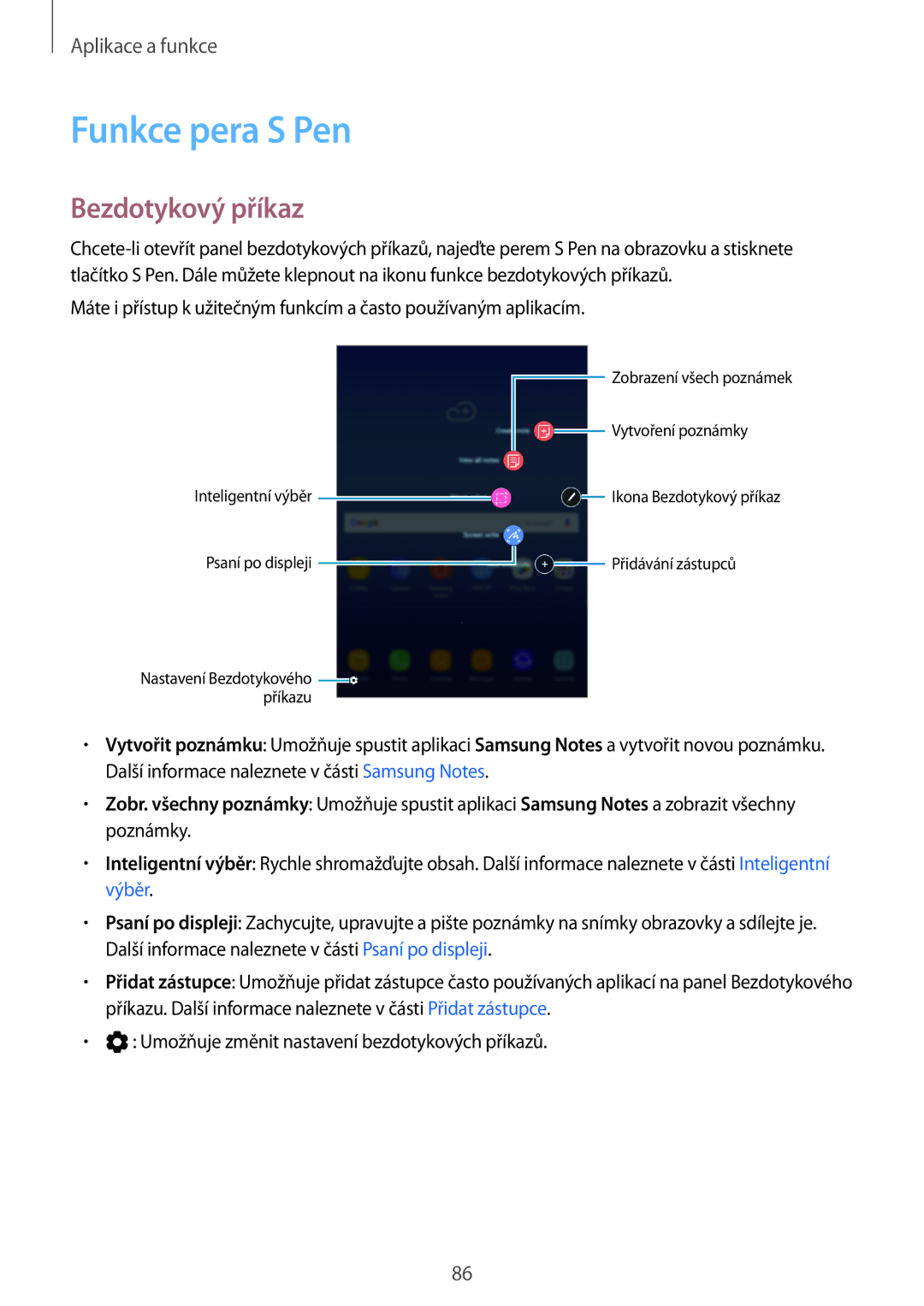 Samsung SM-T395NZKAXEZ manual Funkce pera S Pen, Bezdotykový příkaz 