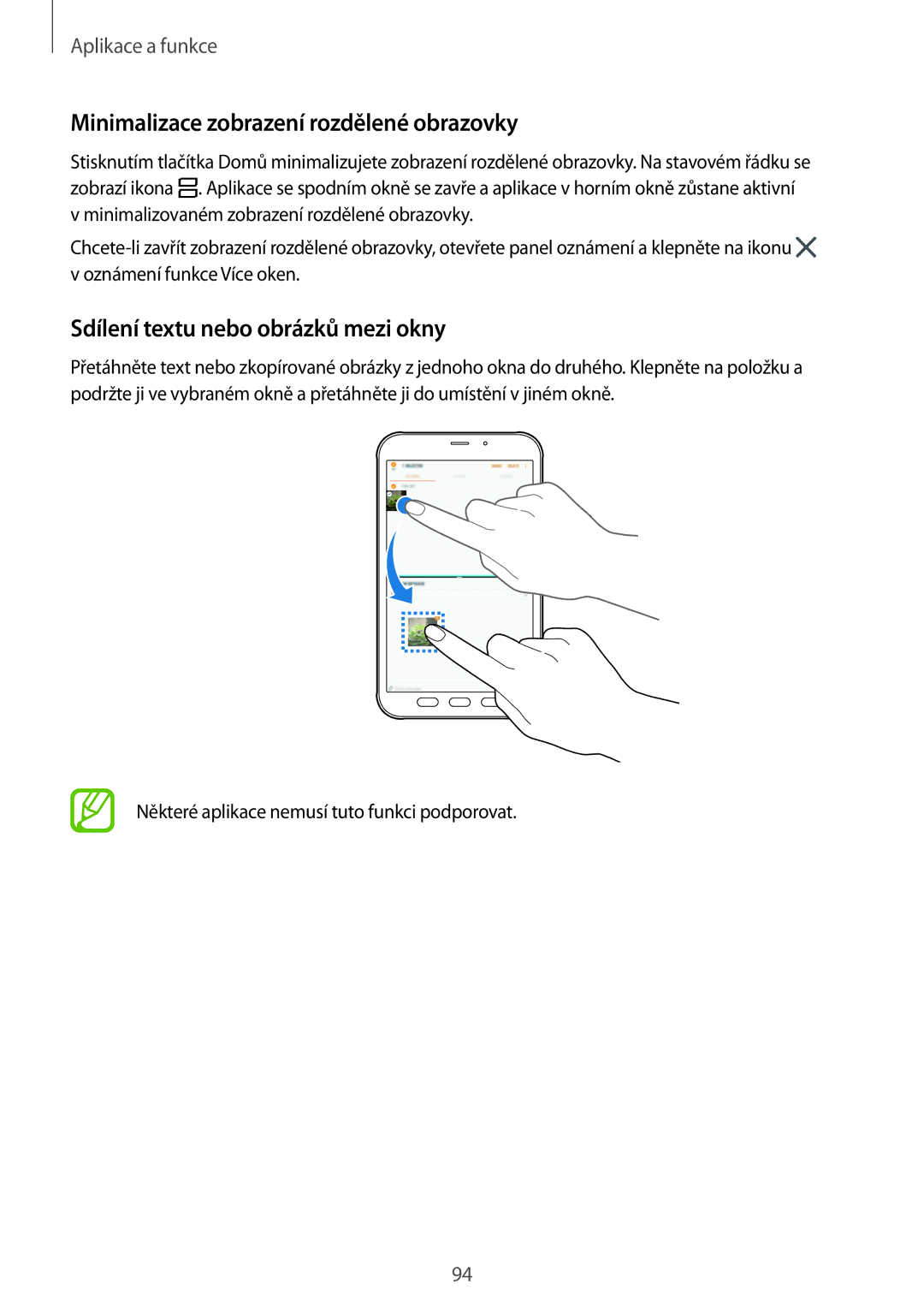 Samsung SM-T395NZKAXEZ manual Minimalizace zobrazení rozdělené obrazovky, Sdílení textu nebo obrázků mezi okny 