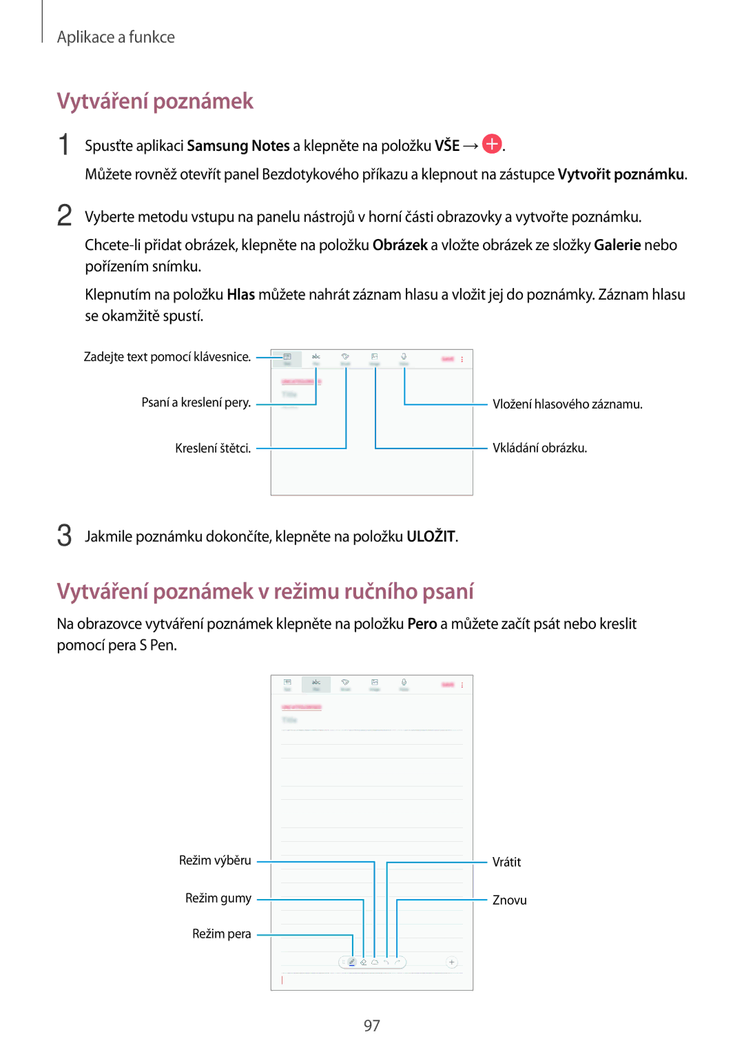 Samsung SM-T395NZKAXEZ manual Vytváření poznámek v režimu ručního psaní 