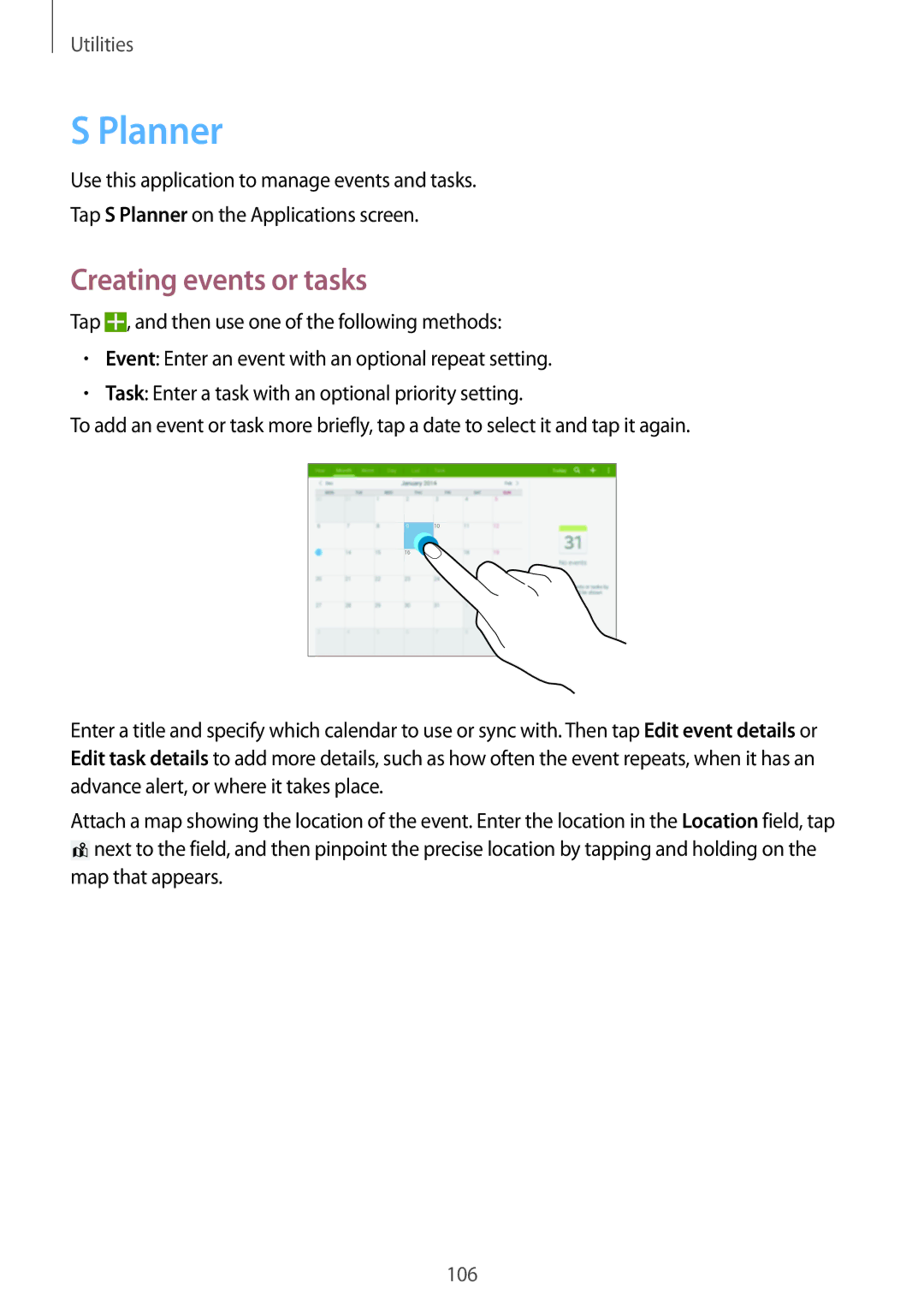 Samsung SM-T520XZWANEE, SM-T520NZKAATO, SM-T520NZWAEUR, SM-T520NZWADBT, SM-T520NZKAEUR manual Planner, Creating events or tasks 