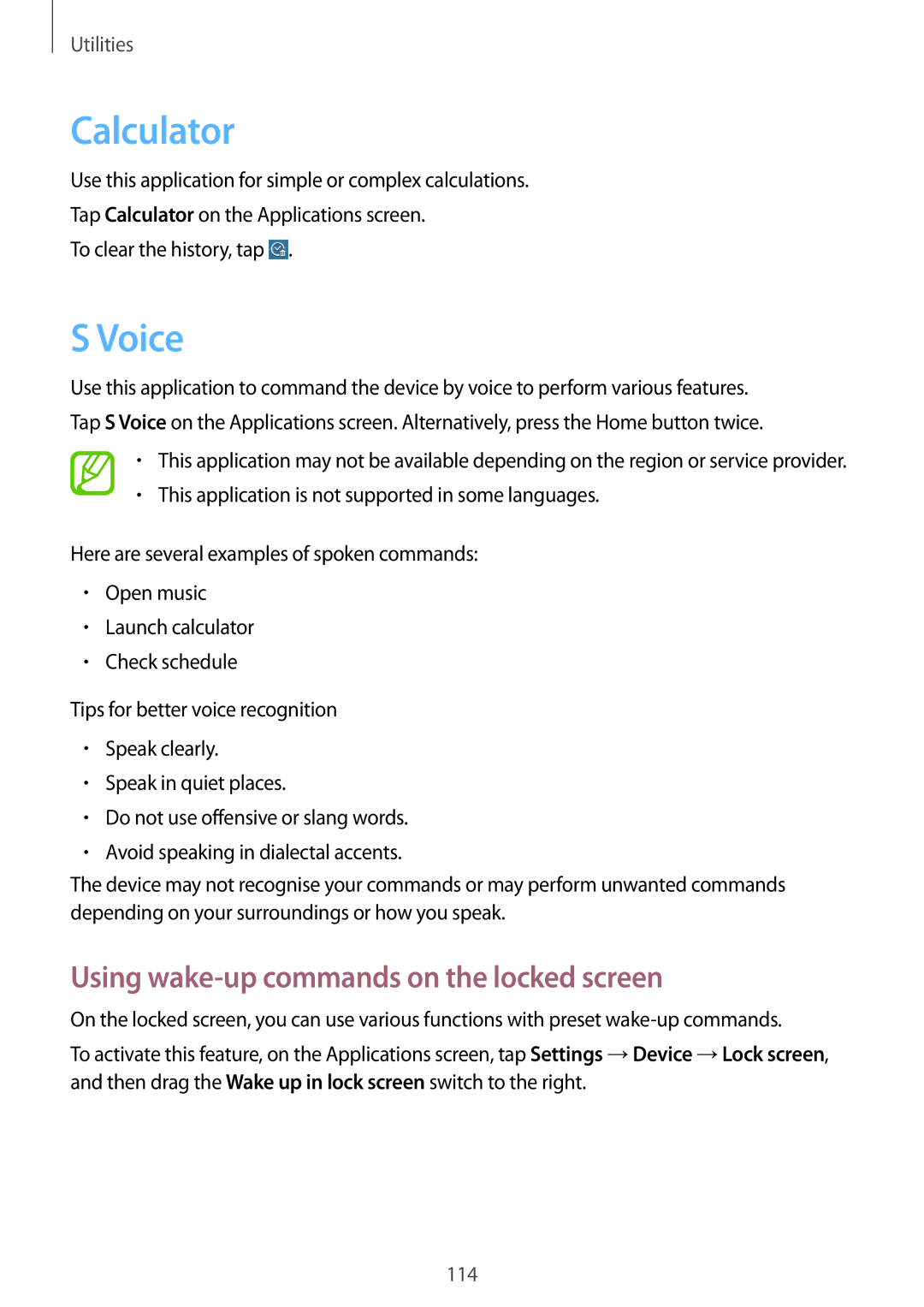Samsung SM-T520XZWAILO, SM-T520NZKAATO, SM-T520NZWAEUR manual Calculator, Voice, Using wake-up commands on the locked screen 