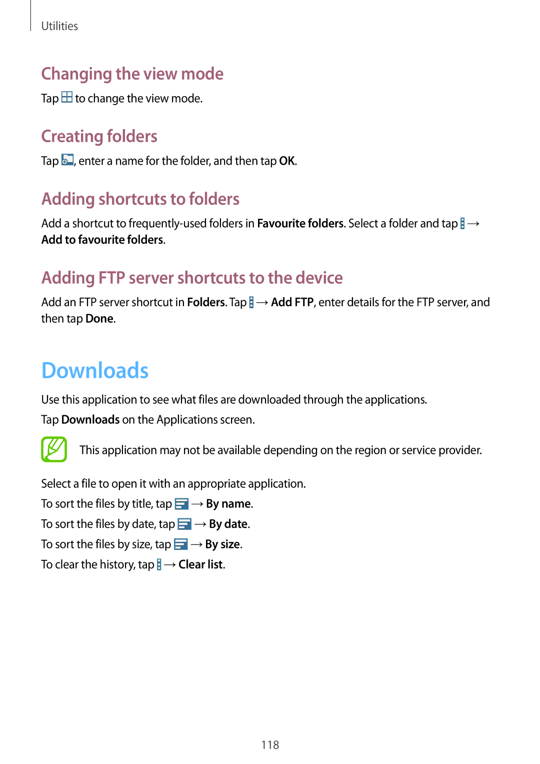 Samsung SM-T520NZKASER, SM-T520NZKAATO Downloads, Changing the view mode, Creating folders, Adding shortcuts to folders 