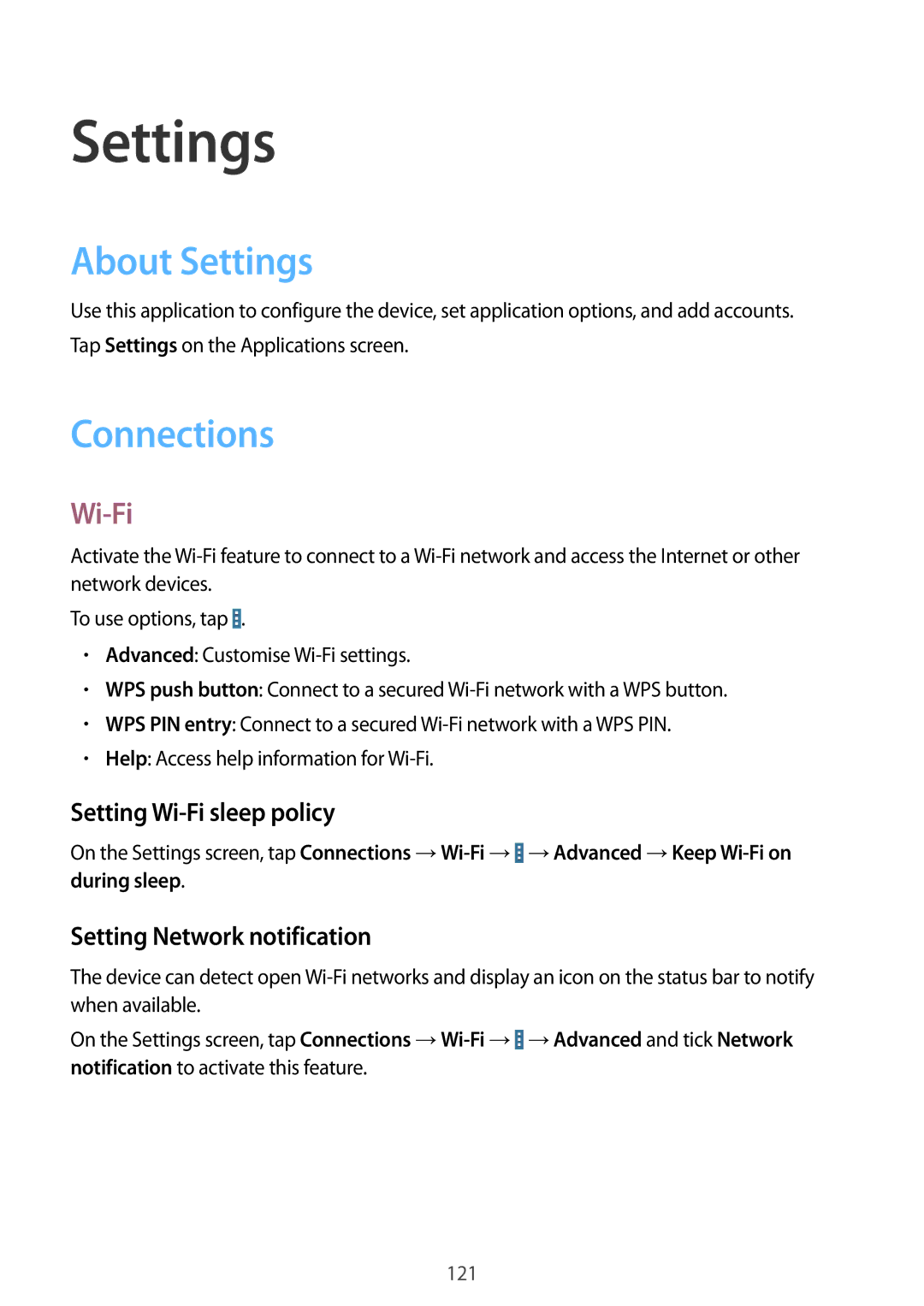 Samsung SM-T520NZWAEUR, SM-T520NZKAATO, SM-T520NZWADBT, SM-T520NZKAEUR, SM-T520NZKATPH About Settings, Connections, Wi-Fi 