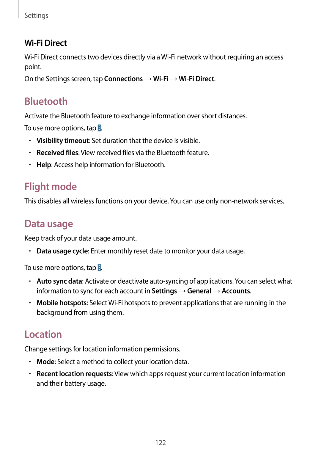 Samsung SM-T520NZWADBT, SM-T520NZKAATO, SM-T520NZWAEUR manual Bluetooth, Flight mode, Data usage, Location, Wi-Fi Direct 