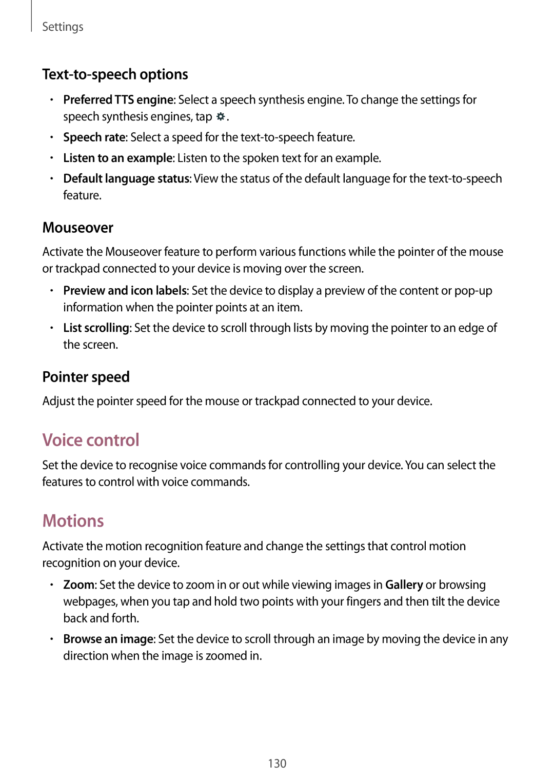 Samsung SM-T520NZWAATO, SM-T520NZKAATO manual Voice control, Motions, Text-to-speech options, Mouseover, Pointer speed 