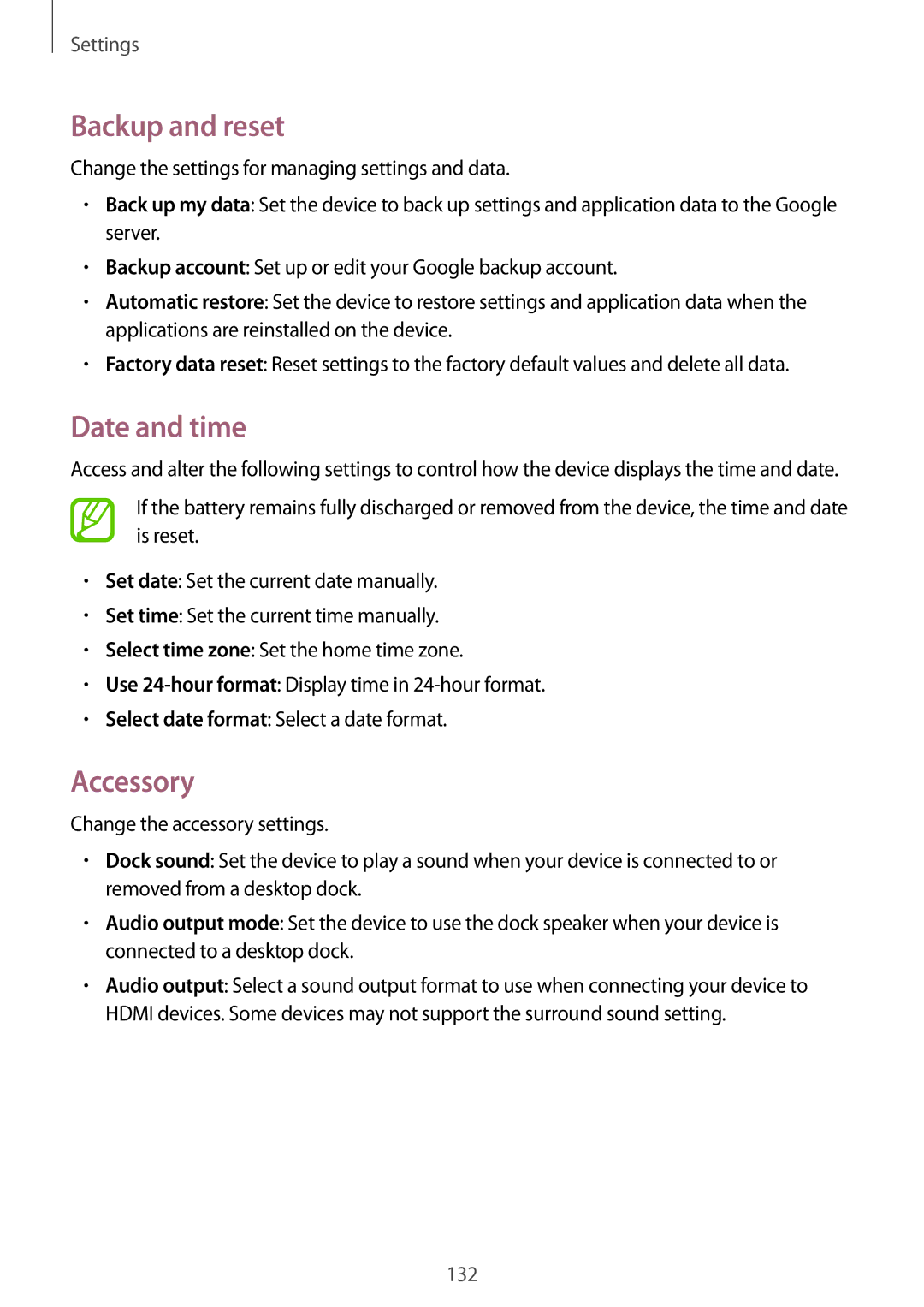 Samsung SM-T520XZWAXEF, SM-T520NZKAATO, SM-T520NZWAEUR, SM-T520NZWADBT manual Backup and reset, Date and time, Accessory 