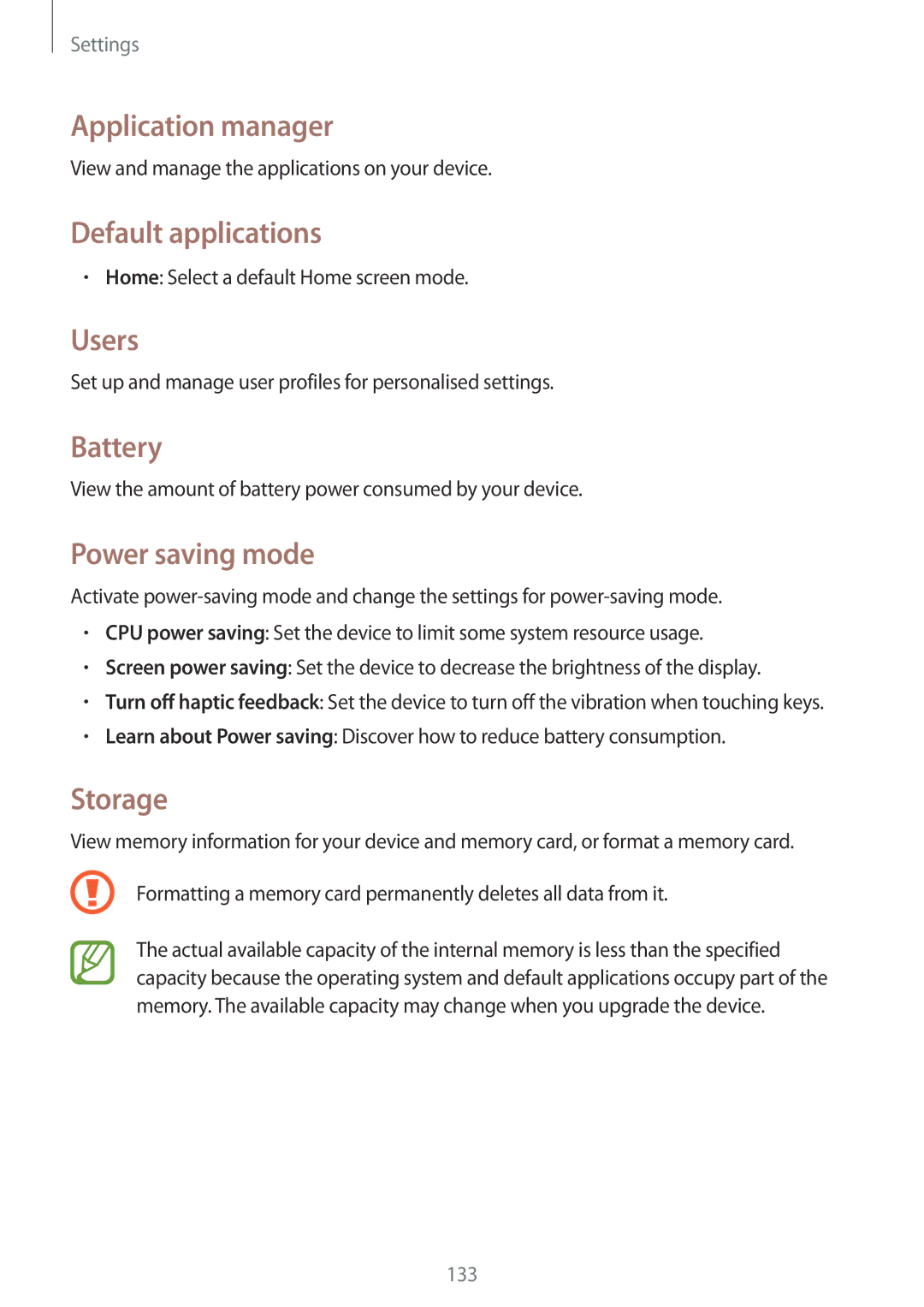 Samsung SM-T520NZWAXEF manual Application manager, Default applications, Users, Battery, Power saving mode, Storage 