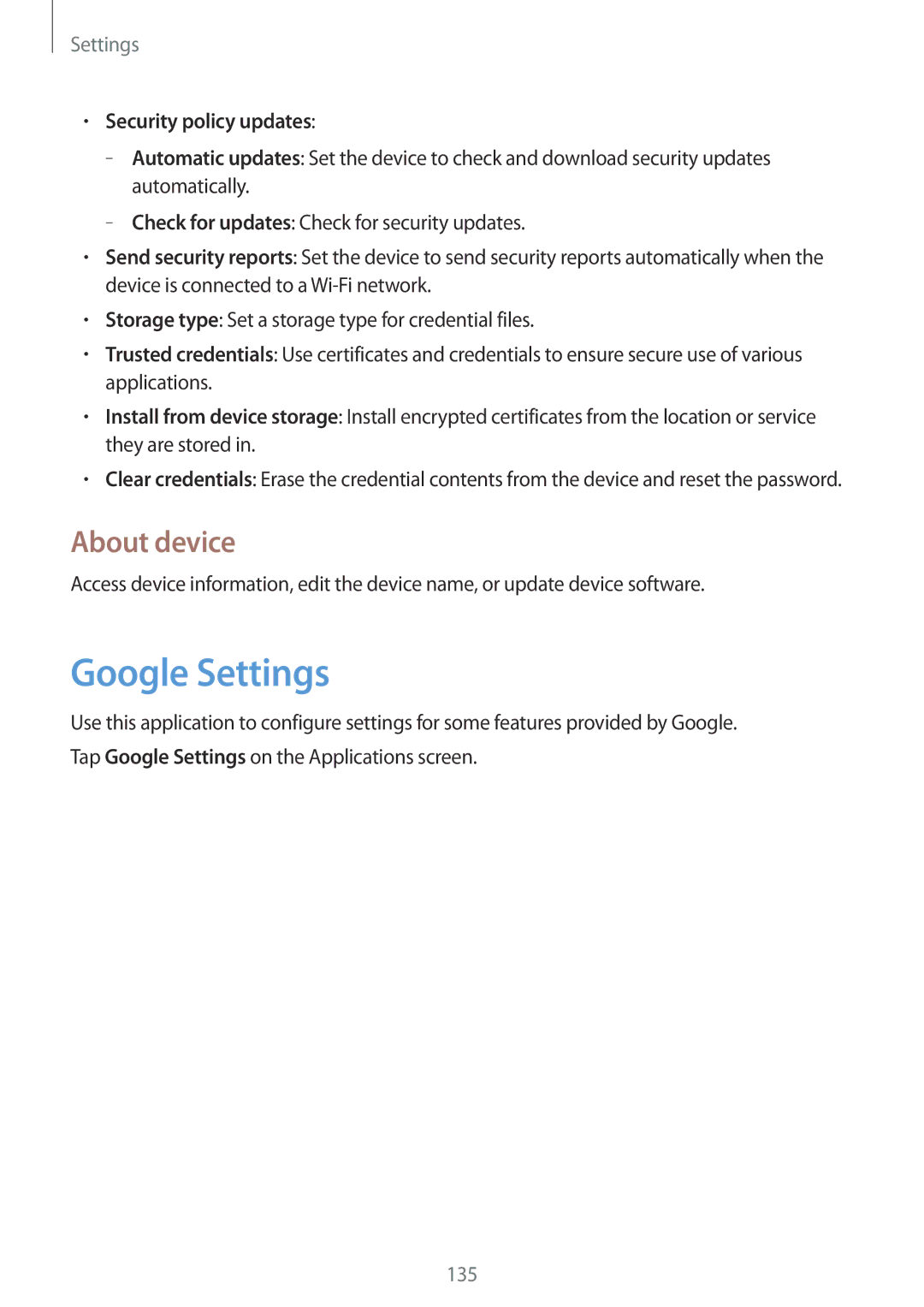 Samsung SM-T520NZWATPH, SM-T520NZKAATO, SM-T520NZWAEUR manual Google Settings, About device, Security policy updates 