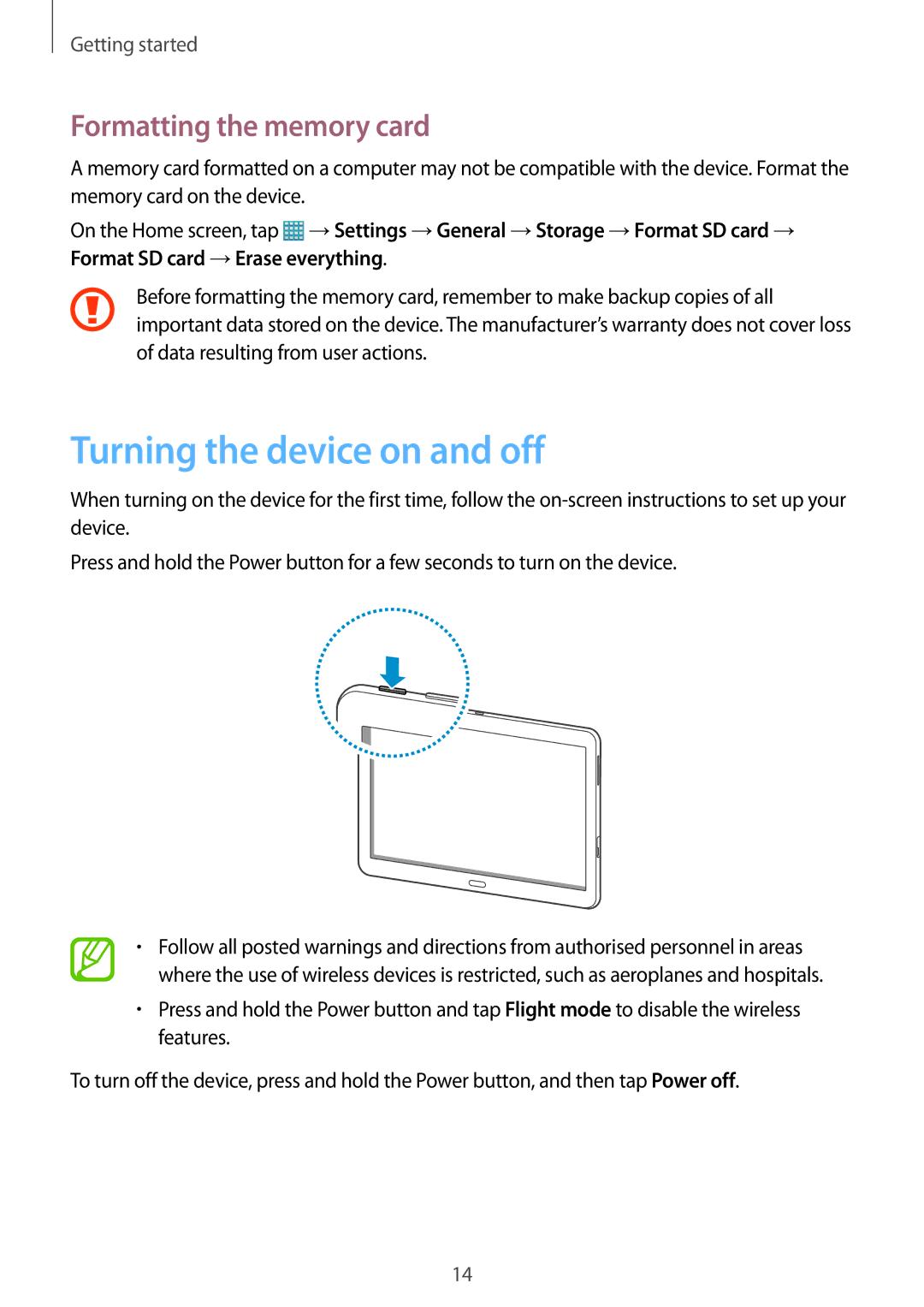 Samsung SM-T520XZWAPHE, SM-T520NZKAATO, SM-T520NZWAEUR manual Turning the device on and off, Formatting the memory card 
