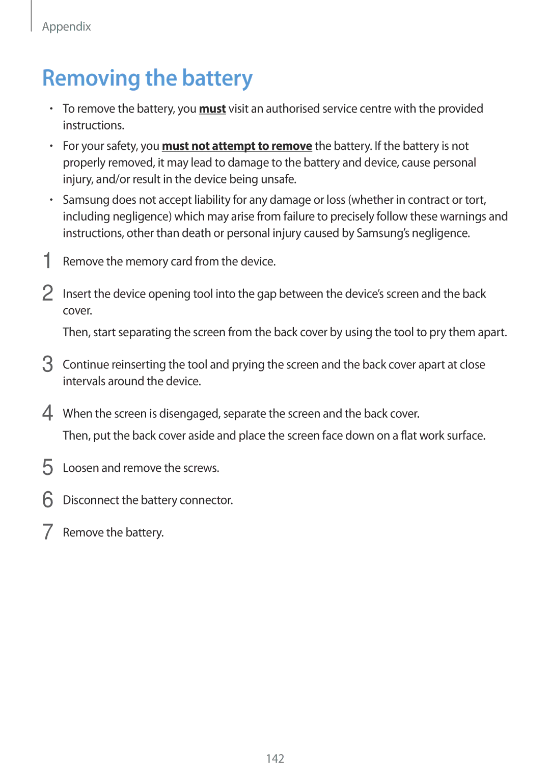 Samsung SM-T520NZWAKSA, SM-T520NZKAATO, SM-T520NZWAEUR, SM-T520NZWADBT, SM-T520NZKAEUR manual Removing the battery, 142 