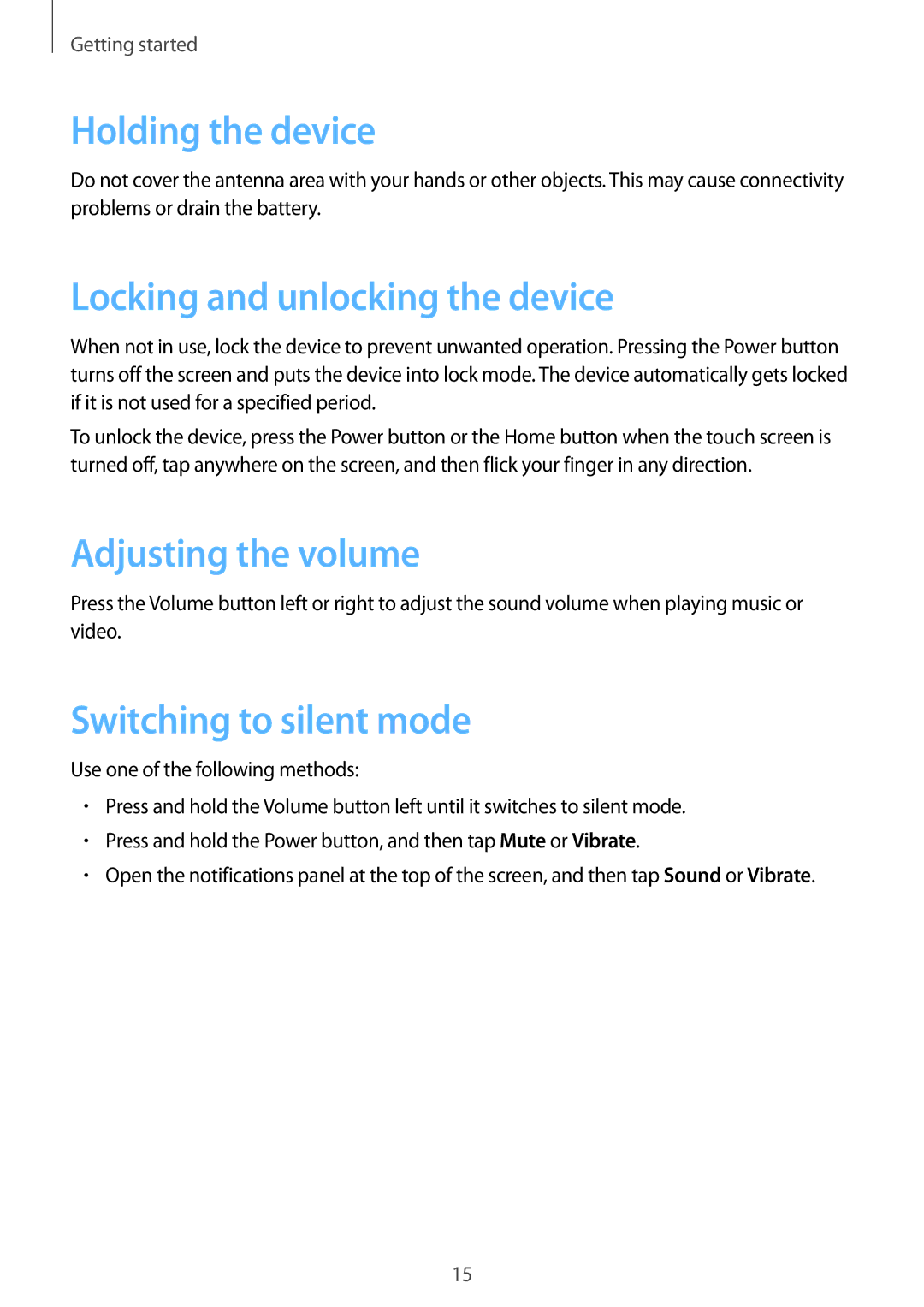 Samsung SM-T520NZWATPH, SM-T520NZKAATO manual Holding the device, Locking and unlocking the device, Adjusting the volume 