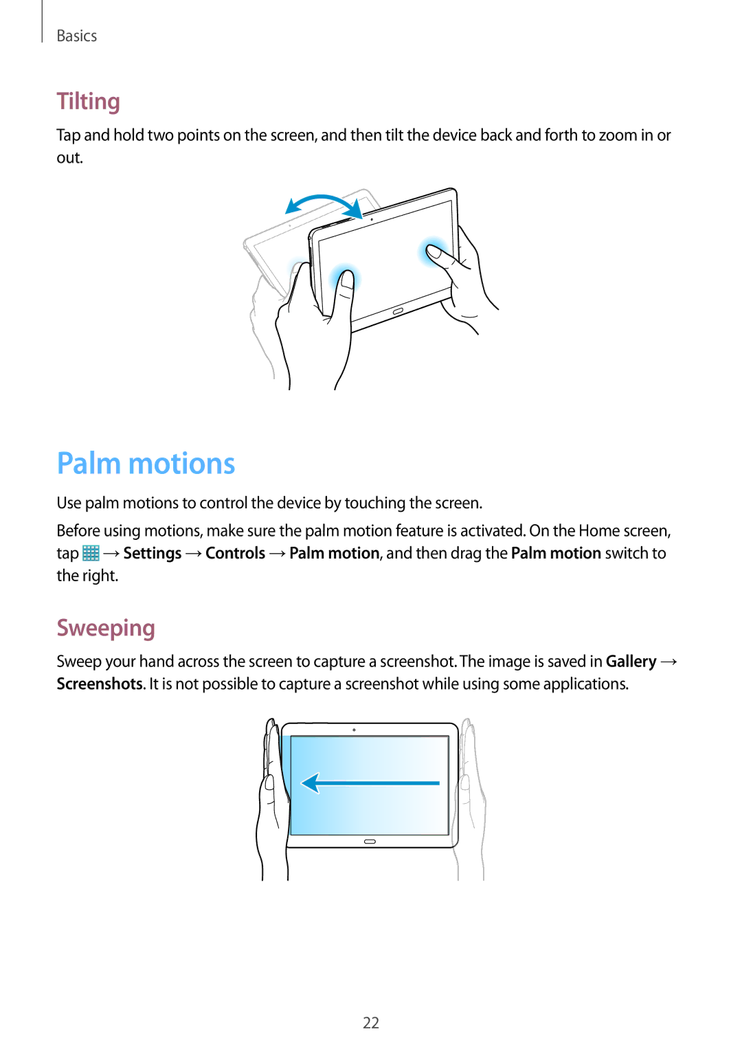 Samsung SM-T520NZWAKSA, SM-T520NZKAATO, SM-T520NZWAEUR, SM-T520NZWADBT, SM-T520NZKAEUR manual Palm motions, Tilting, Sweeping 