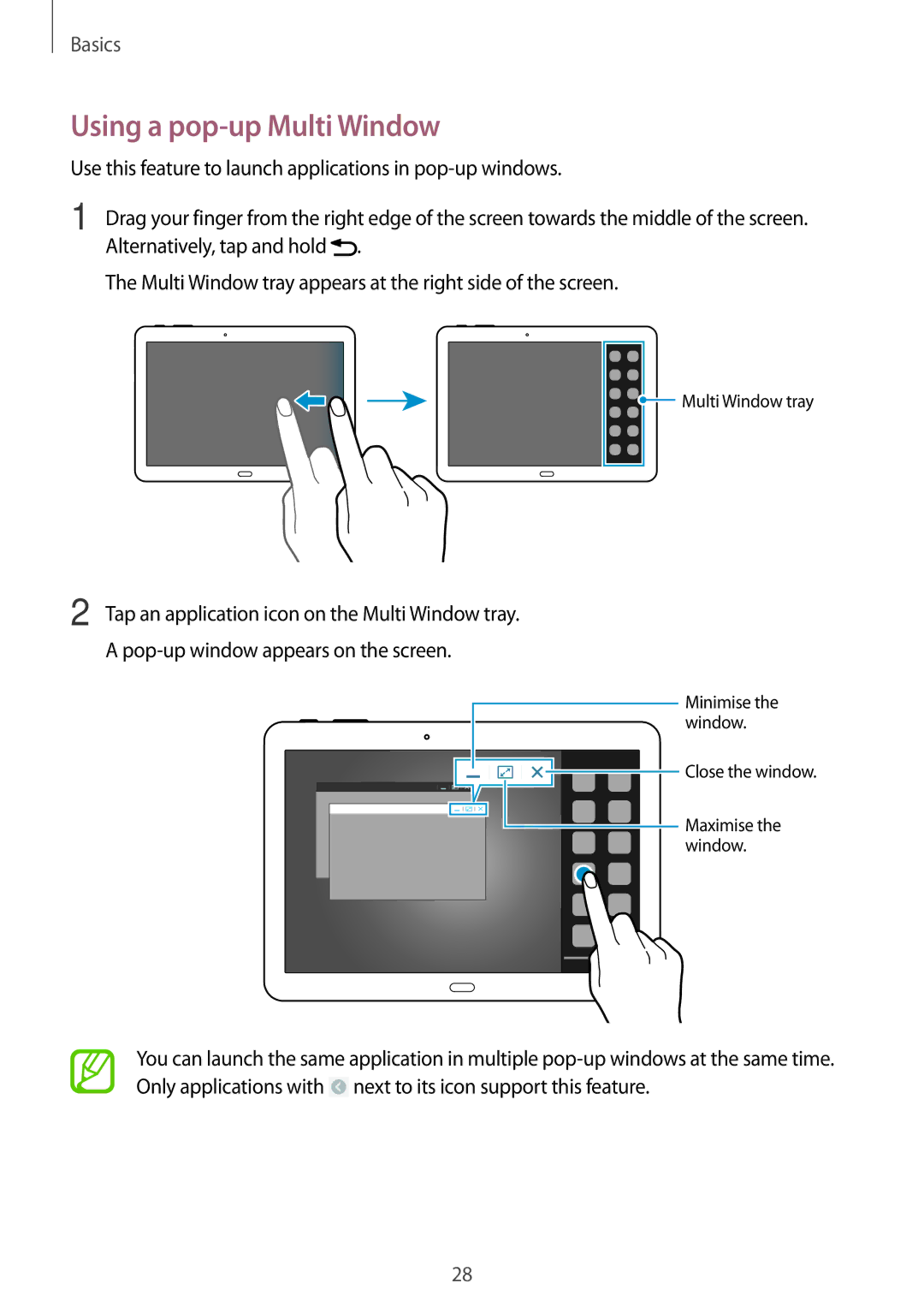 Samsung SM-T520NZWANEE, SM-T520NZKAATO, SM-T520NZWAEUR, SM-T520NZWADBT, SM-T520NZKAEUR manual Using a pop-up Multi Window 