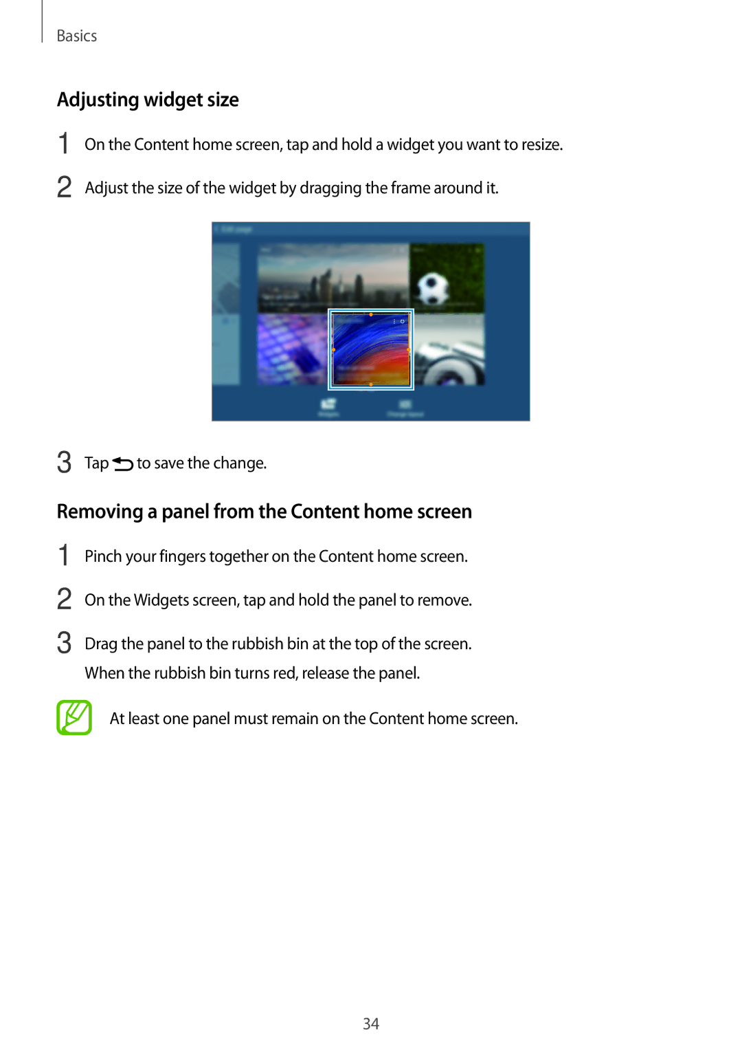 Samsung SM-T520XZWAILO, SM-T520NZKAATO, SM-T520NZWAEUR Adjusting widget size, Removing a panel from the Content home screen 