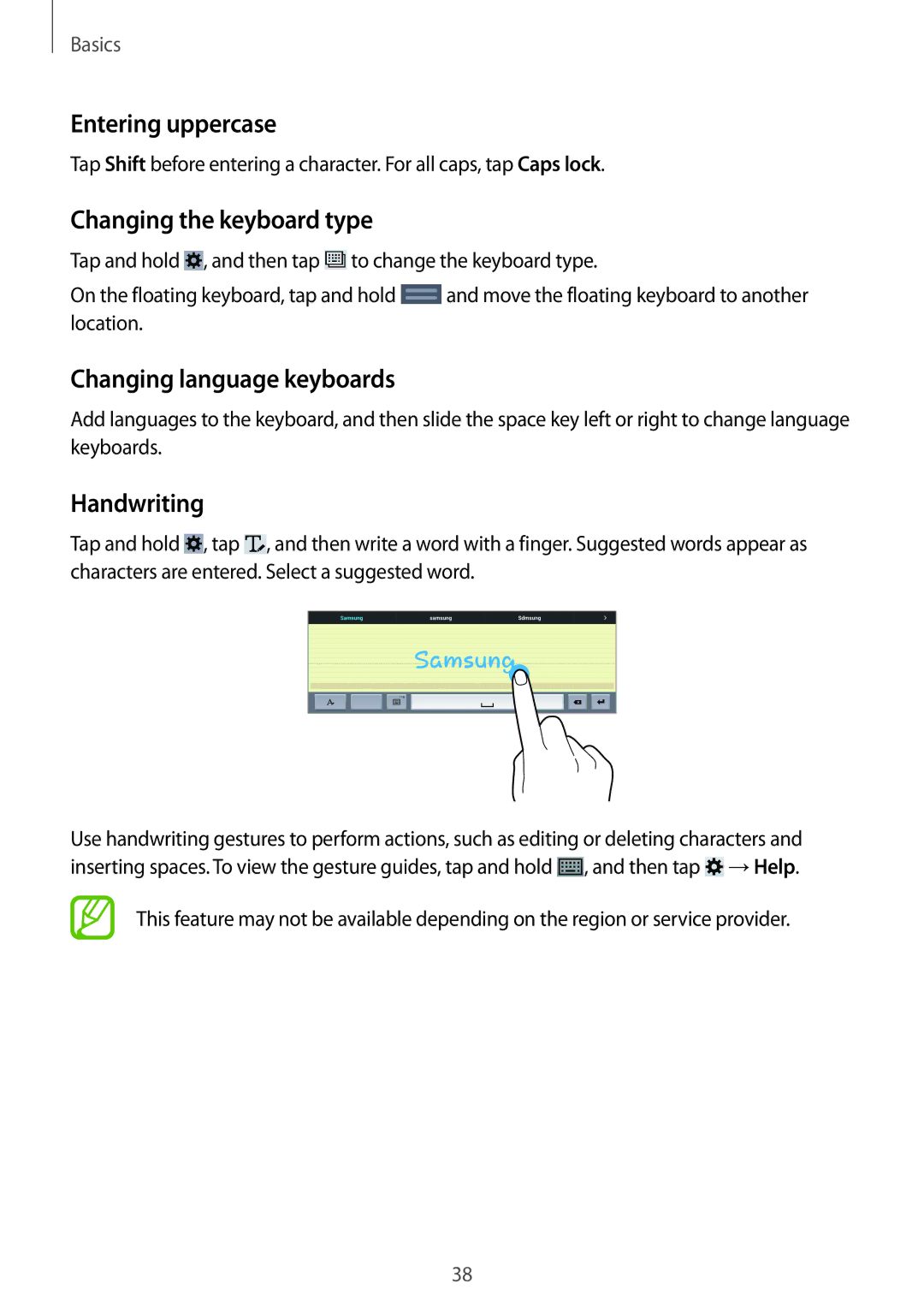 Samsung SM-T520NZKASER manual Entering uppercase, Changing the keyboard type, Changing language keyboards, Handwriting 