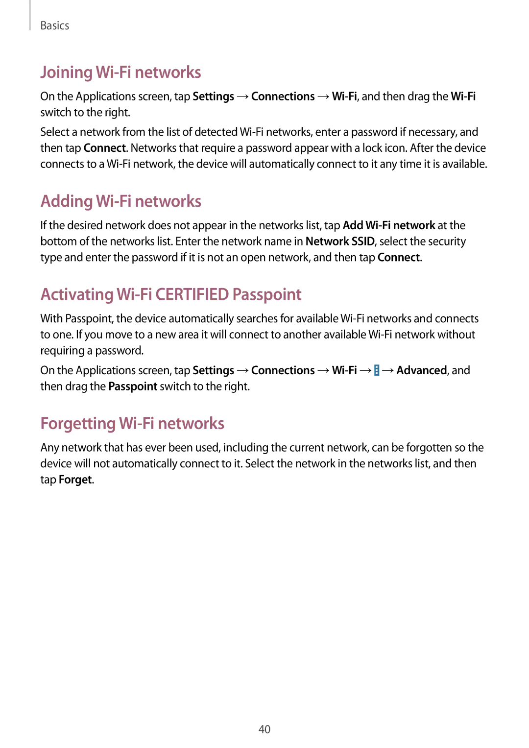 Samsung SM-T520NZKAATO, SM-T520NZWAEUR Joining Wi-Fi networks, Adding Wi-Fi networks, Activating Wi-Fi Certified Passpoint 