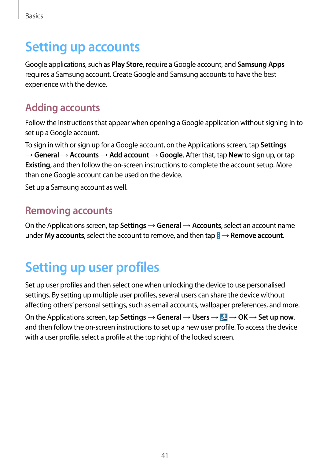 Samsung SM-T520NZWAEUR, SM-T520NZKAATO Setting up accounts, Setting up user profiles, Adding accounts, Removing accounts 