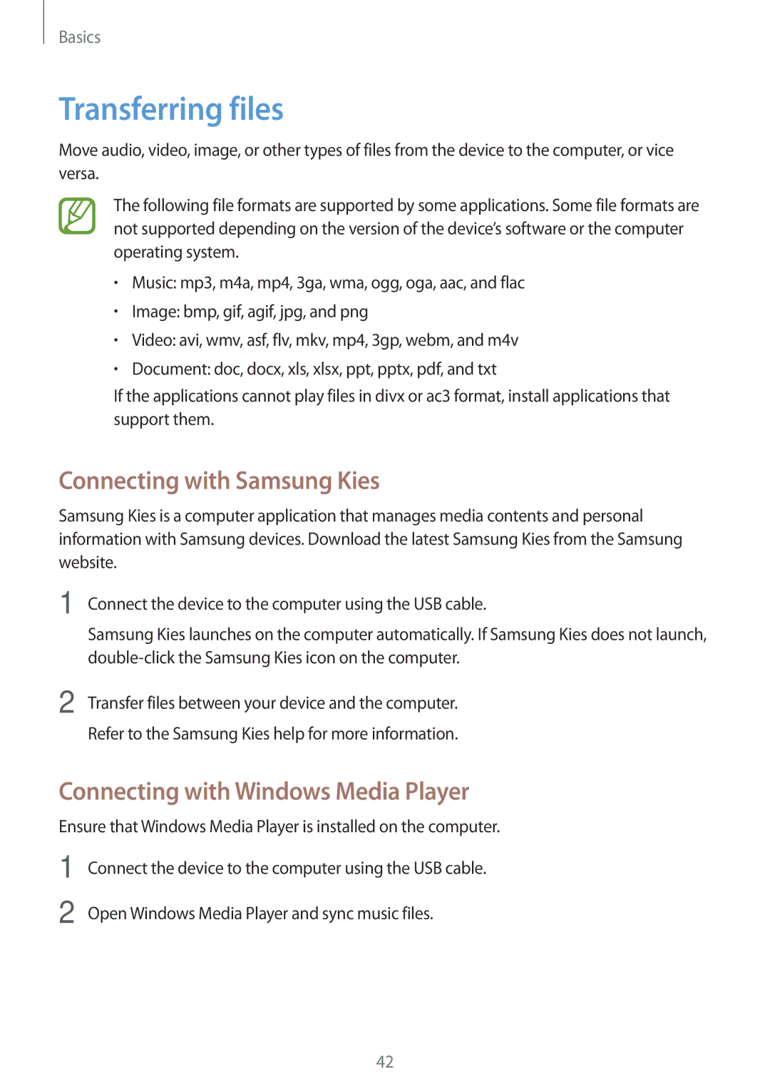 Samsung SM-T520NZWADBT manual Transferring files, Connecting with Samsung Kies, Connecting with Windows Media Player 