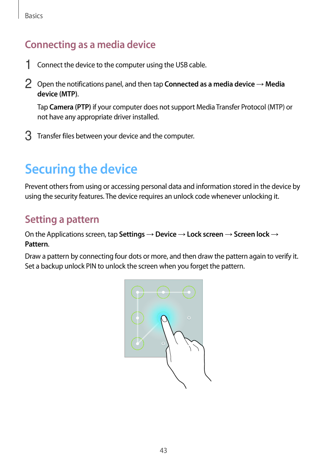 Samsung SM-T520NZKAEUR, SM-T520NZKAATO Securing the device, Connecting as a media device, Setting a pattern, Device MTP 