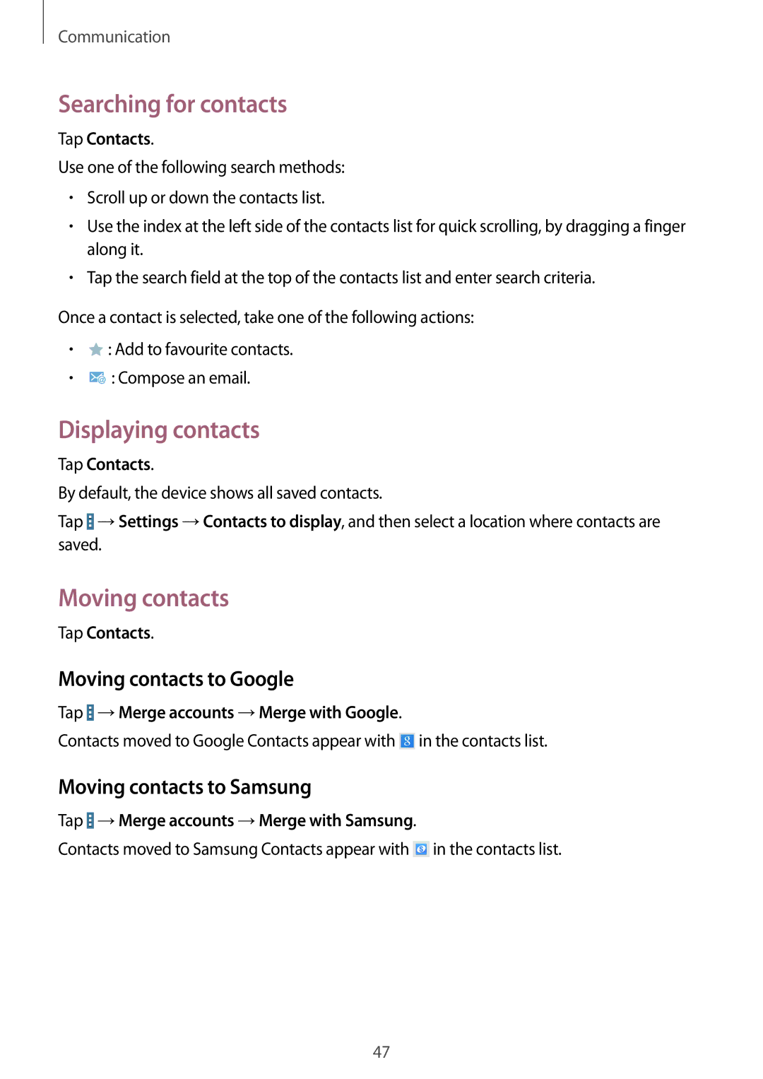 Samsung SM-T520NZKATUR, SM-T520NZKAATO manual Searching for contacts, Displaying contacts, Moving contacts to Google 