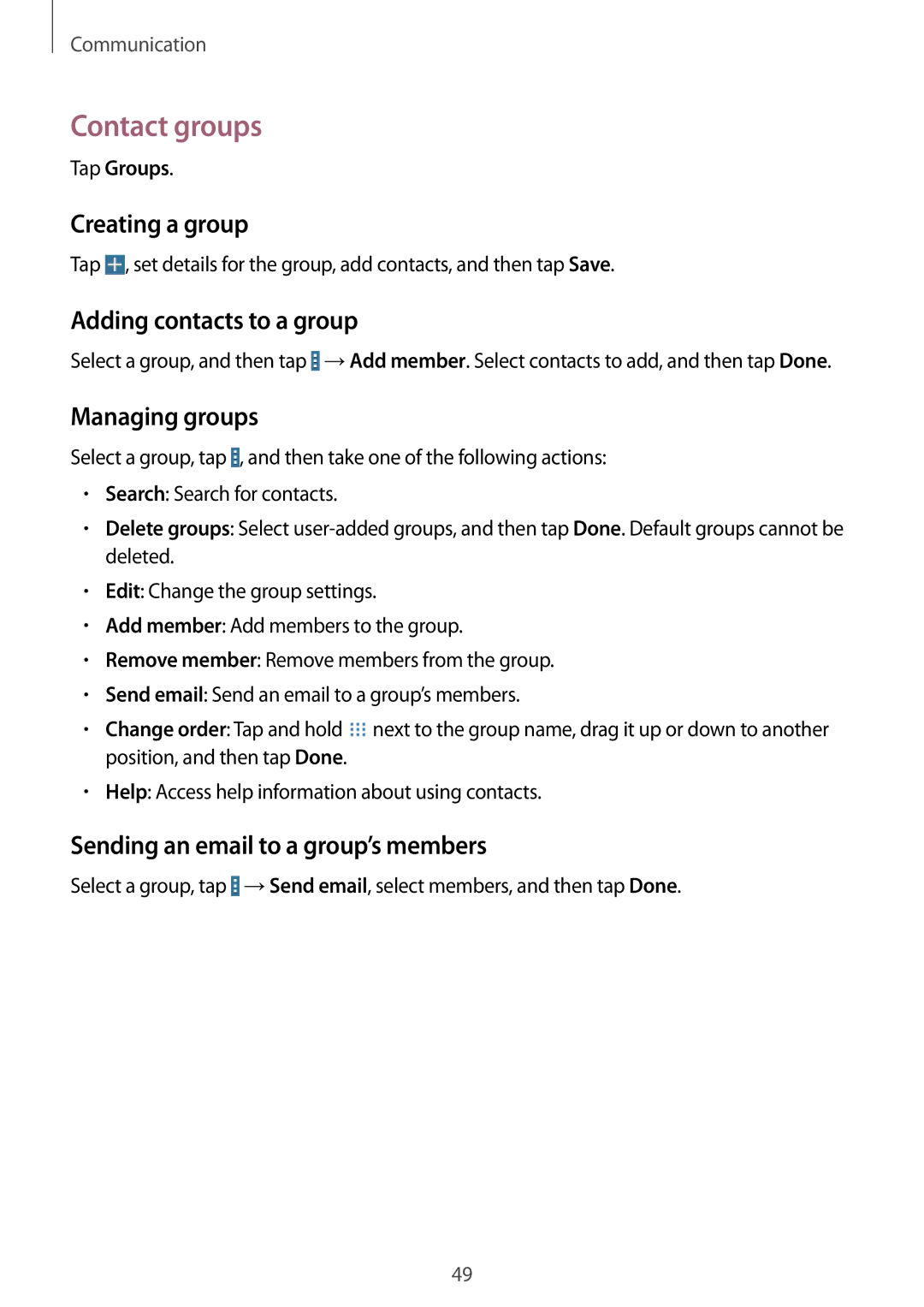 Samsung SM-T520XZWADBT, SM-T520NZKAATO manual Contact groups, Creating a group, Adding contacts to a group, Managing groups 
