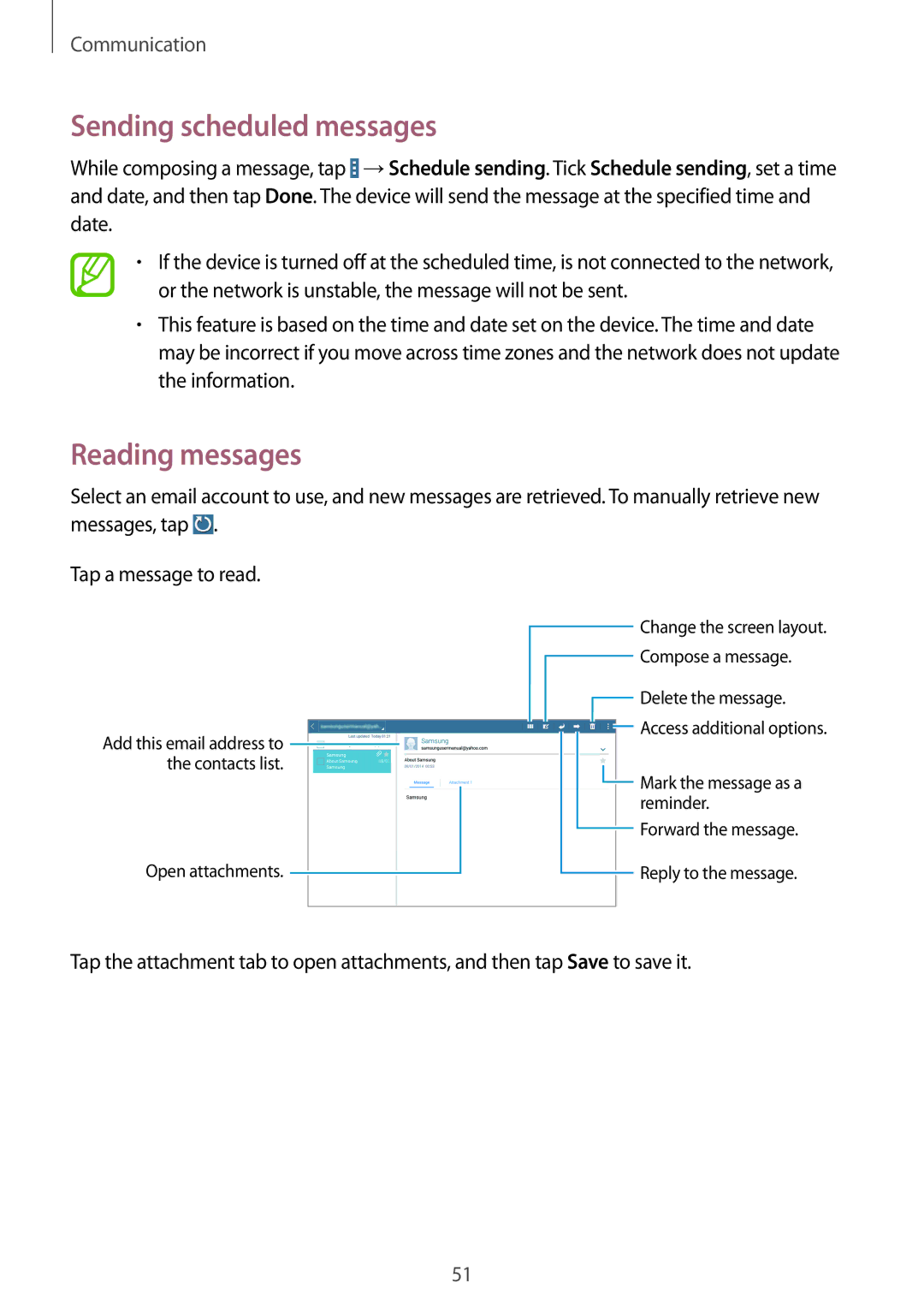 Samsung SM-T520NZKAXEF, SM-T520NZKAATO, SM-T520NZWAEUR, SM-T520NZWADBT manual Sending scheduled messages, Reading messages 
