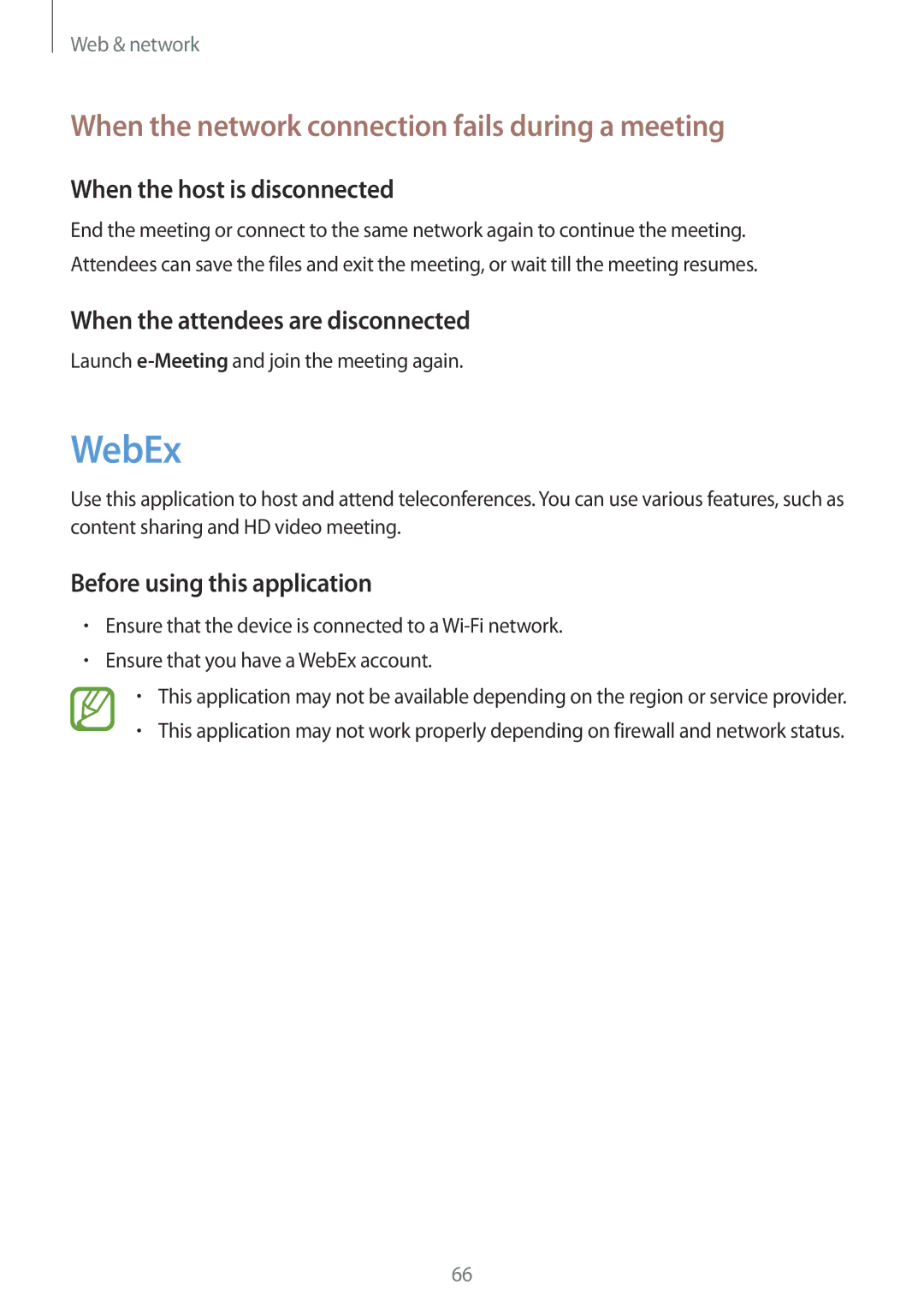 Samsung SM-T520XZWANEE manual WebEx, When the network connection fails during a meeting, When the host is disconnected 