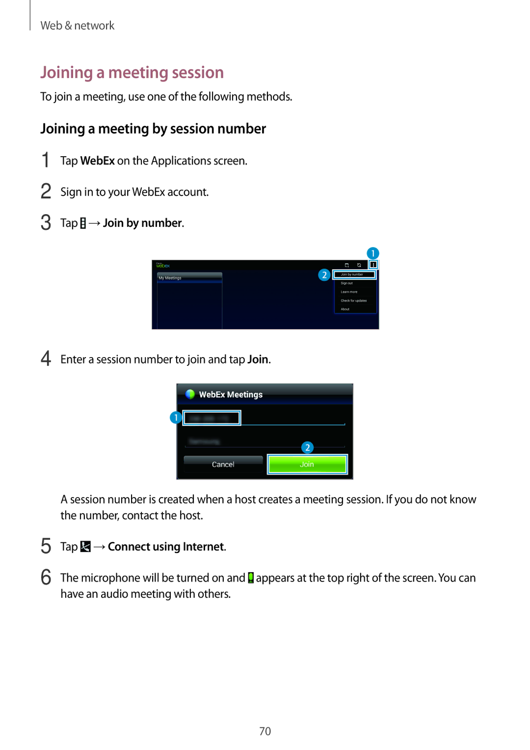 Samsung SM-T520NZKENEE, SM-T520NZKAATO Joining a meeting session, Joining a meeting by session number, Tap →Join by number 