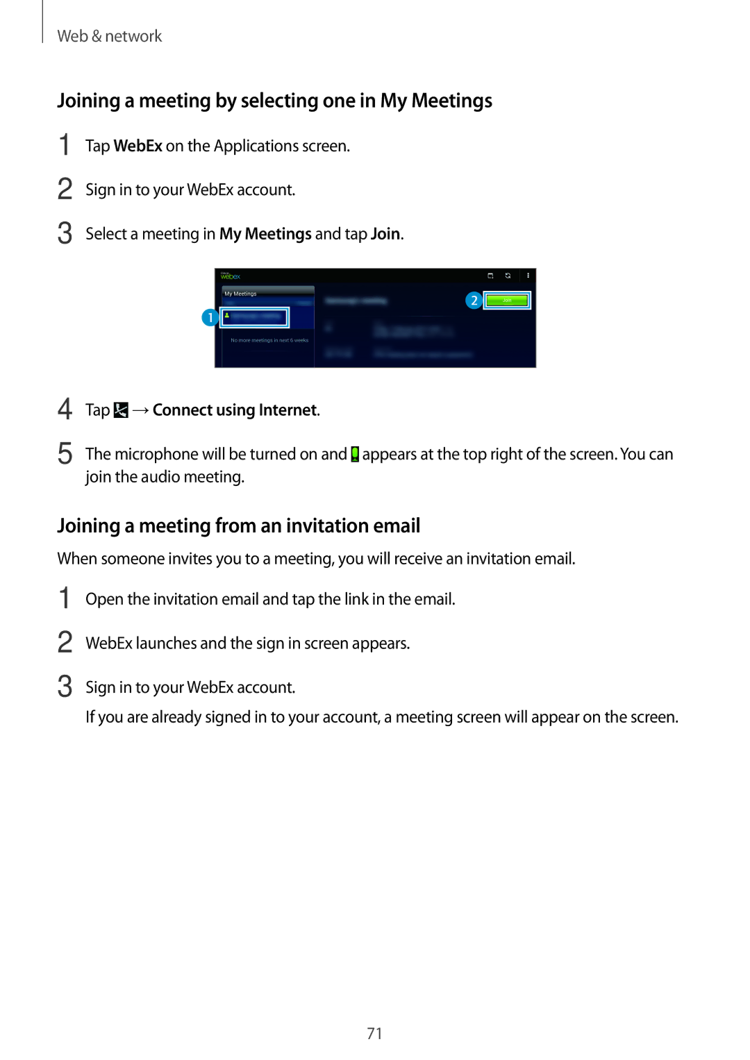 Samsung SM-T520NZWABAL manual Joining a meeting by selecting one in My Meetings, Joining a meeting from an invitation email 