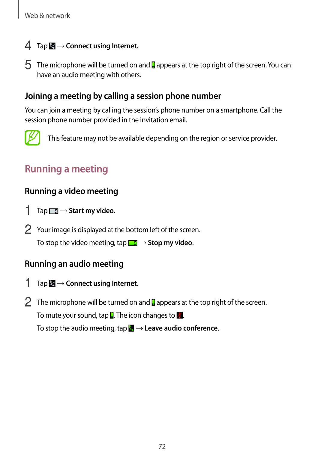 Samsung SM-T520NZKASEB Running a meeting, Joining a meeting by calling a session phone number, Running a video meeting 