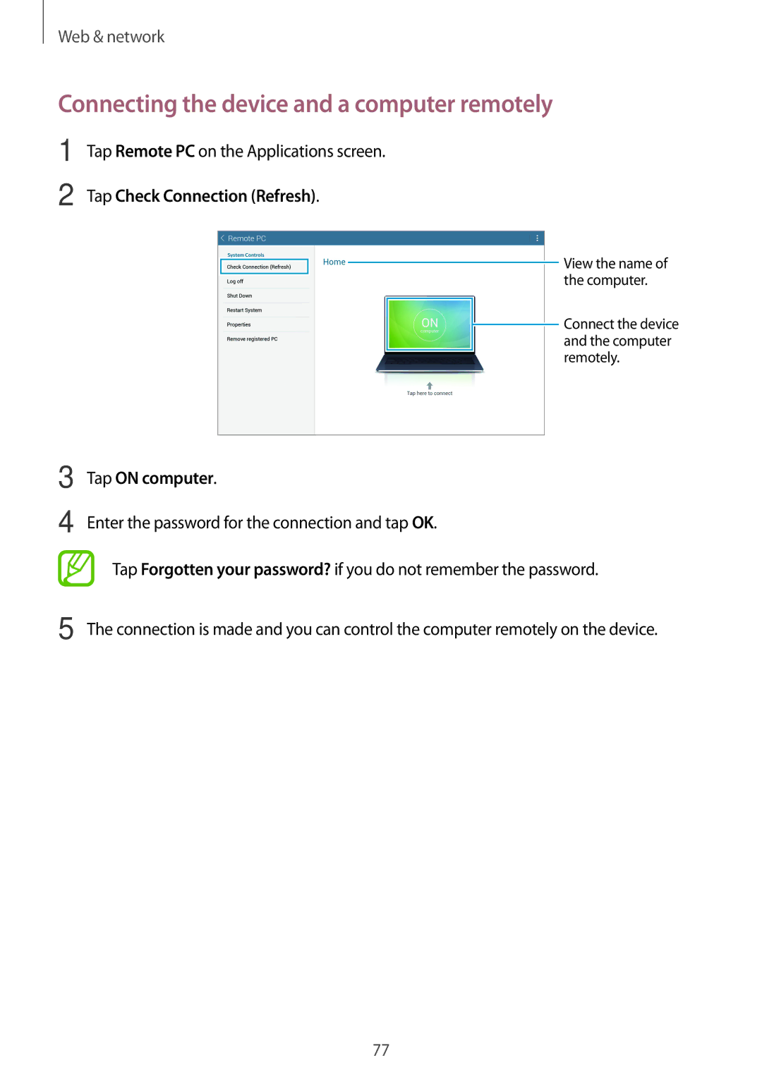 Samsung SM-T520NZWASER manual Connecting the device and a computer remotely, Tap Check Connection Refresh, Tap on computer 