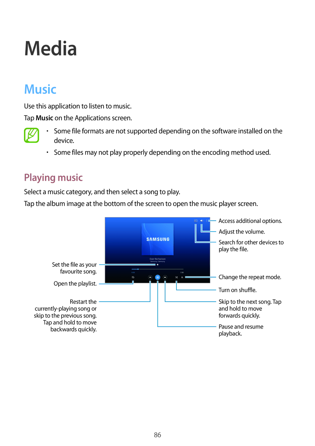 Samsung SM-T520NZKADBT, SM-T520NZKAATO, SM-T520NZWAEUR, SM-T520NZWADBT, SM-T520NZKAEUR manual Media, Music, Playing music 