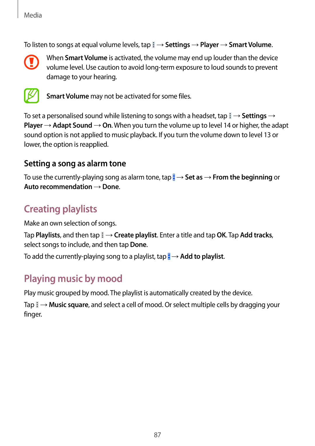 Samsung SM-T520NZKATUR, SM-T520NZKAATO manual Creating playlists, Playing music by mood, Setting a song as alarm tone 
