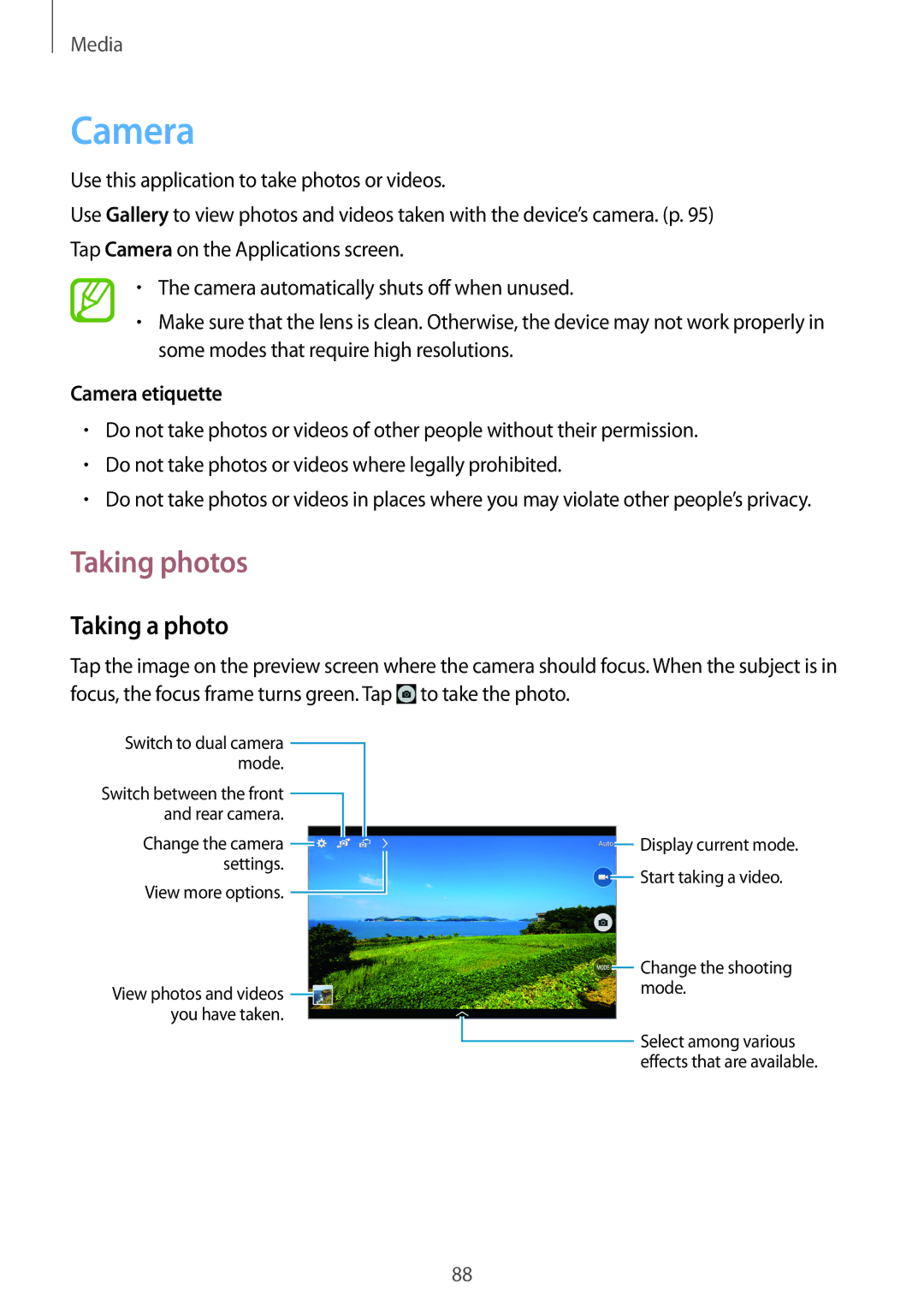 Samsung SM-T520NZWATUR, SM-T520NZKAATO, SM-T520NZWAEUR, SM-T520NZWADBT Taking photos, Taking a photo, Camera etiquette 