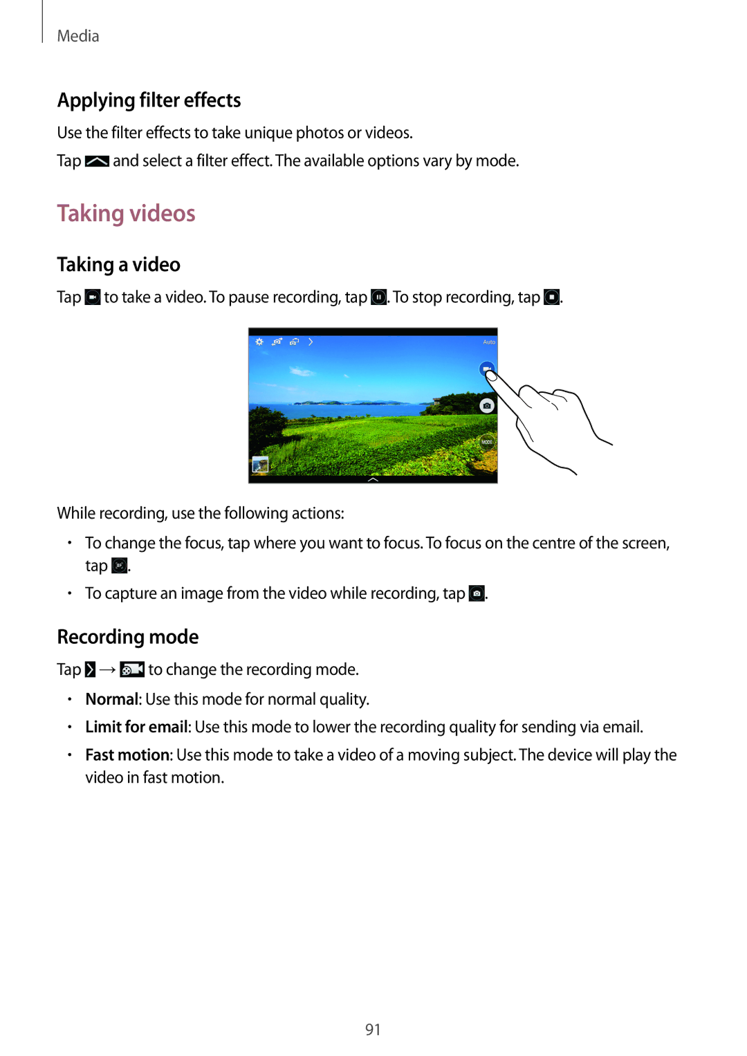 Samsung SM-T520NZKAXEF, SM-T520NZKAATO manual Taking videos, Applying filter effects, Taking a video, Recording mode 