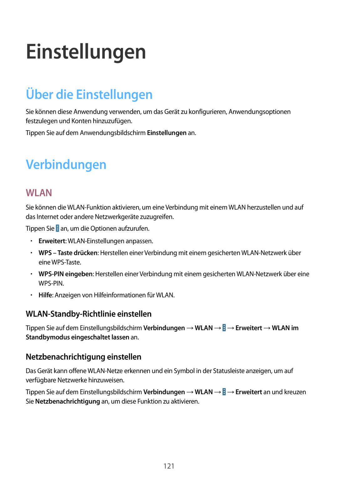 Samsung SM-T520NZWAEUR, SM-T520NZKAATO manual Über die Einstellungen, Verbindungen, WLAN-Standby-Richtlinie einstellen 