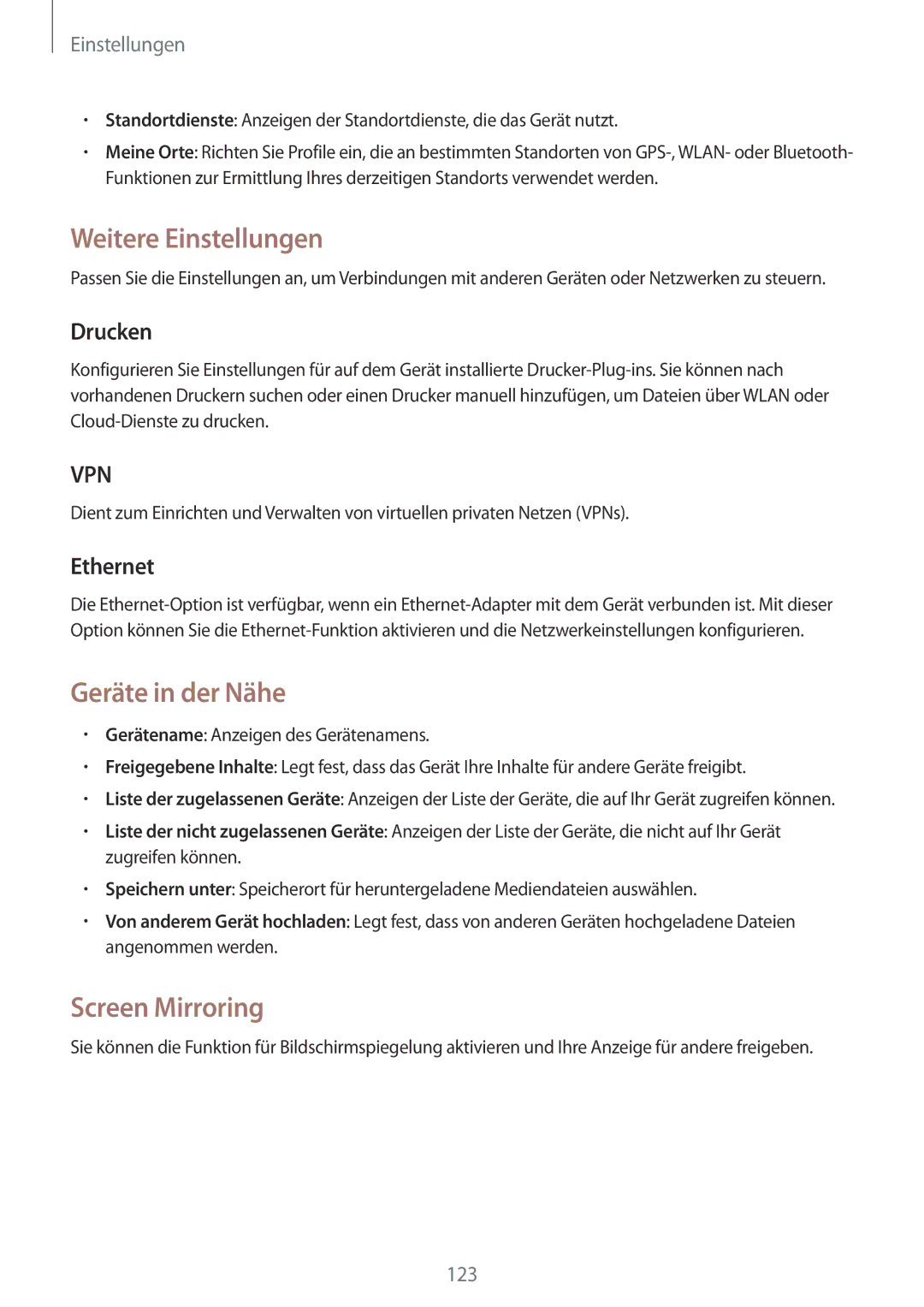 Samsung SM-T520NZKAEUR, SM-T520NZKAATO manual Weitere Einstellungen, Geräte in der Nähe, Screen Mirroring, Drucken, Ethernet 