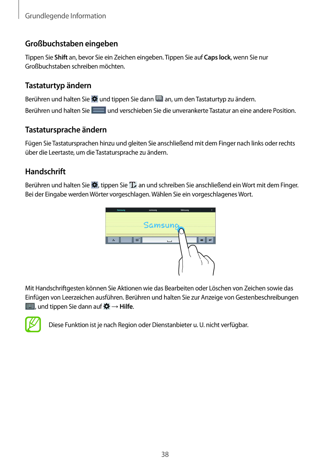 Samsung SM-T520NZWADBT, SM-T520NZKAATO Großbuchstaben eingeben, Tastaturtyp ändern, Tastatursprache ändern, Handschrift 