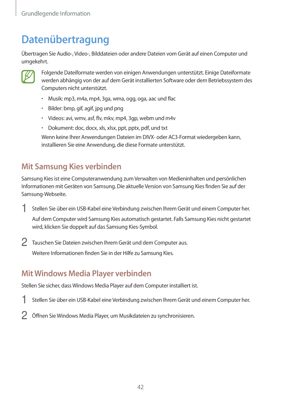 Samsung SM-T520NZKADBT, SM-T520NZKAATO Datenübertragung, Mit Samsung Kies verbinden, Mit Windows Media Player verbinden 