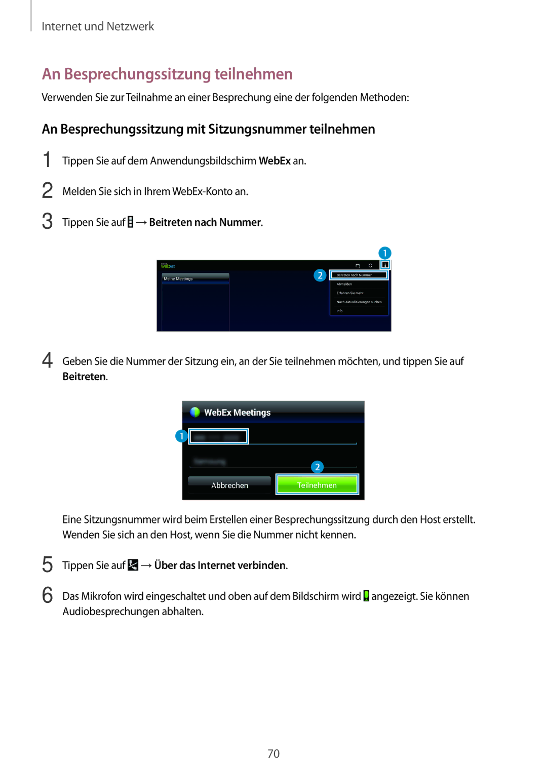 Samsung SM-T520NZWAATO manual An Besprechungssitzung teilnehmen, An Besprechungssitzung mit Sitzungsnummer teilnehmen 