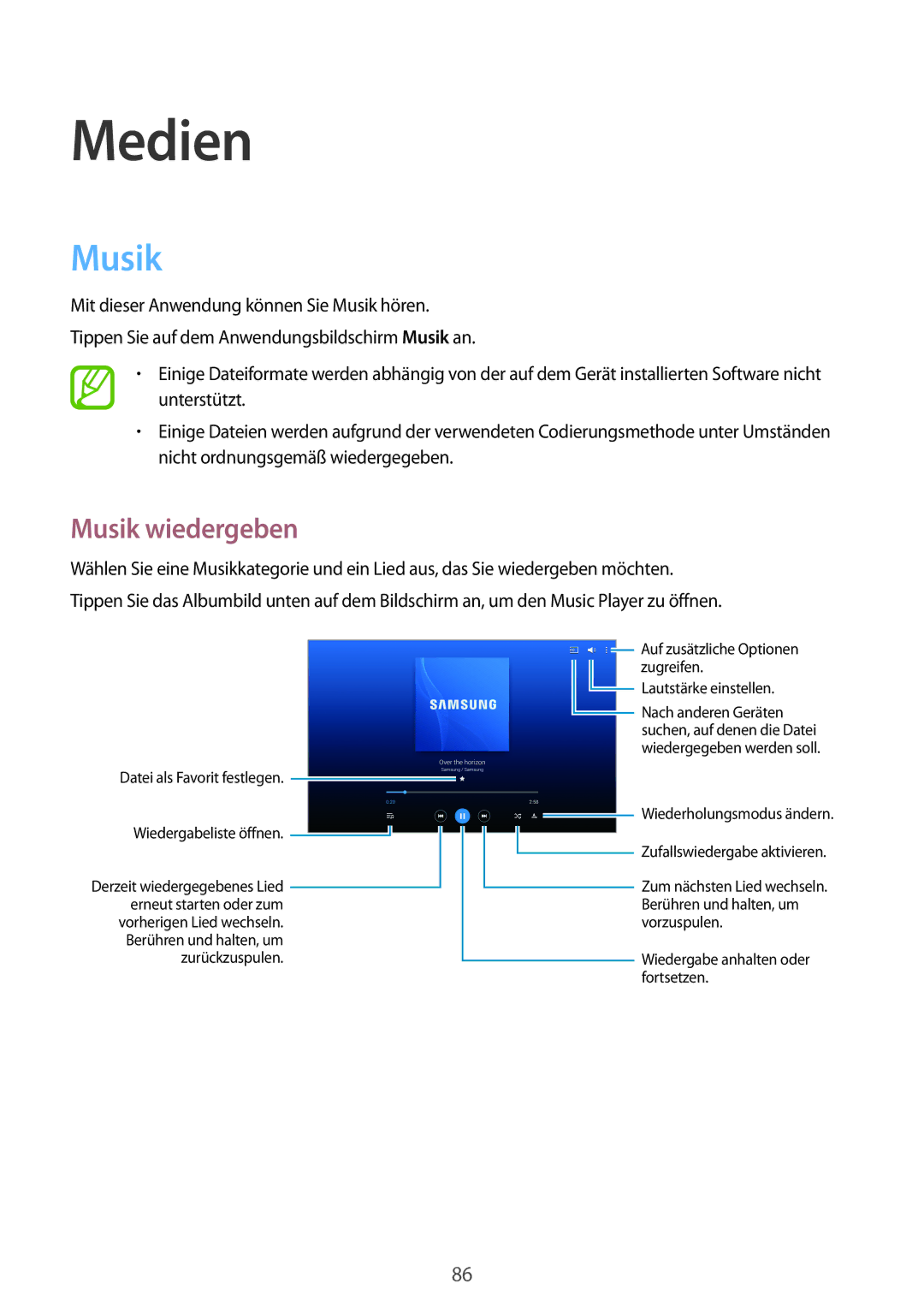 Samsung SM-T520NZWADBT, SM-T520NZKAATO, SM-T520NZWAEUR, SM-T520NZKAEUR, SM-T520NZKATPH manual Medien, Musik wiedergeben 