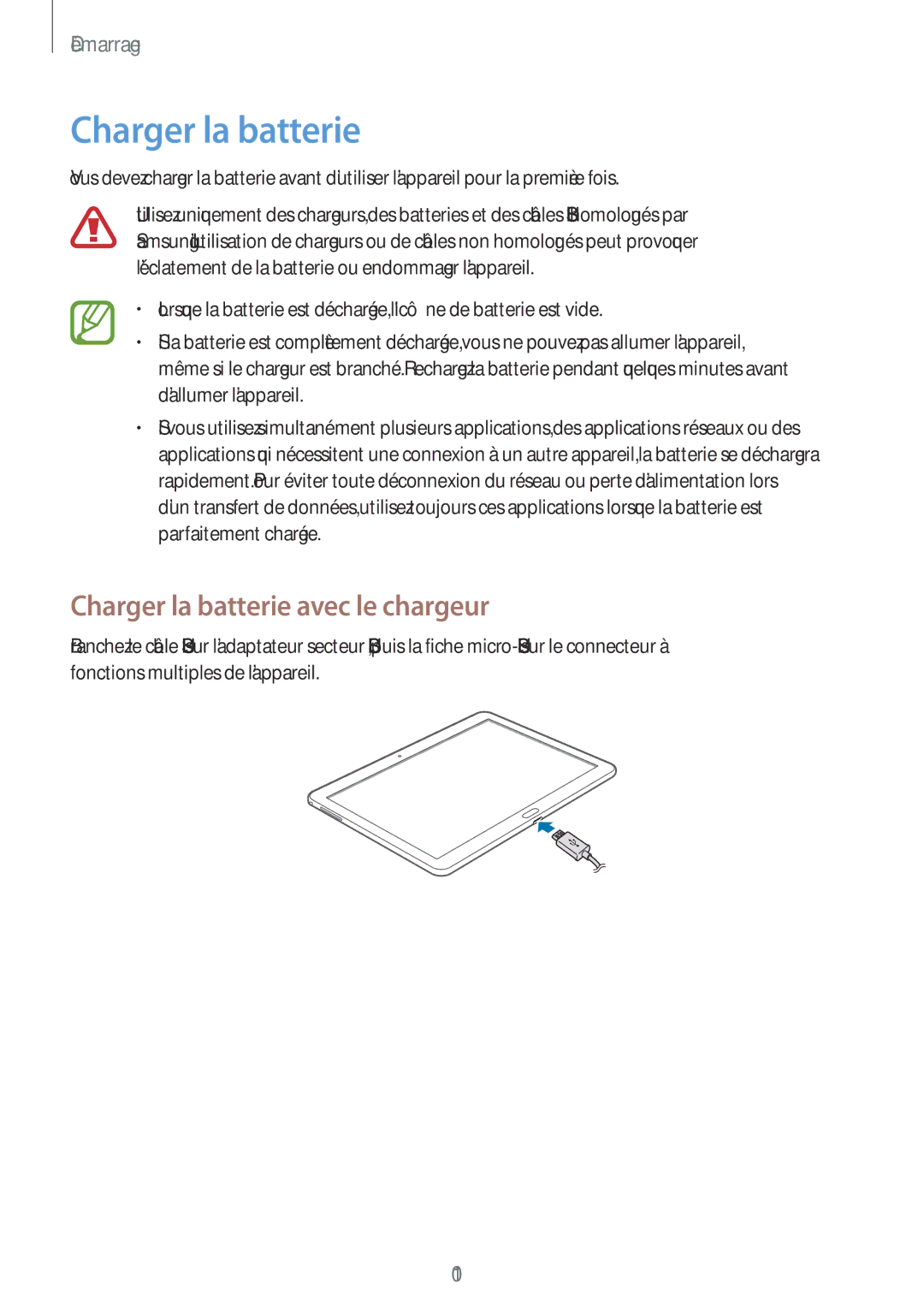 Samsung SM-T520XZWAXEF, SM-T520NZKAXEF, SM-T520NZWAXEF manual Charger la batterie avec le chargeur 